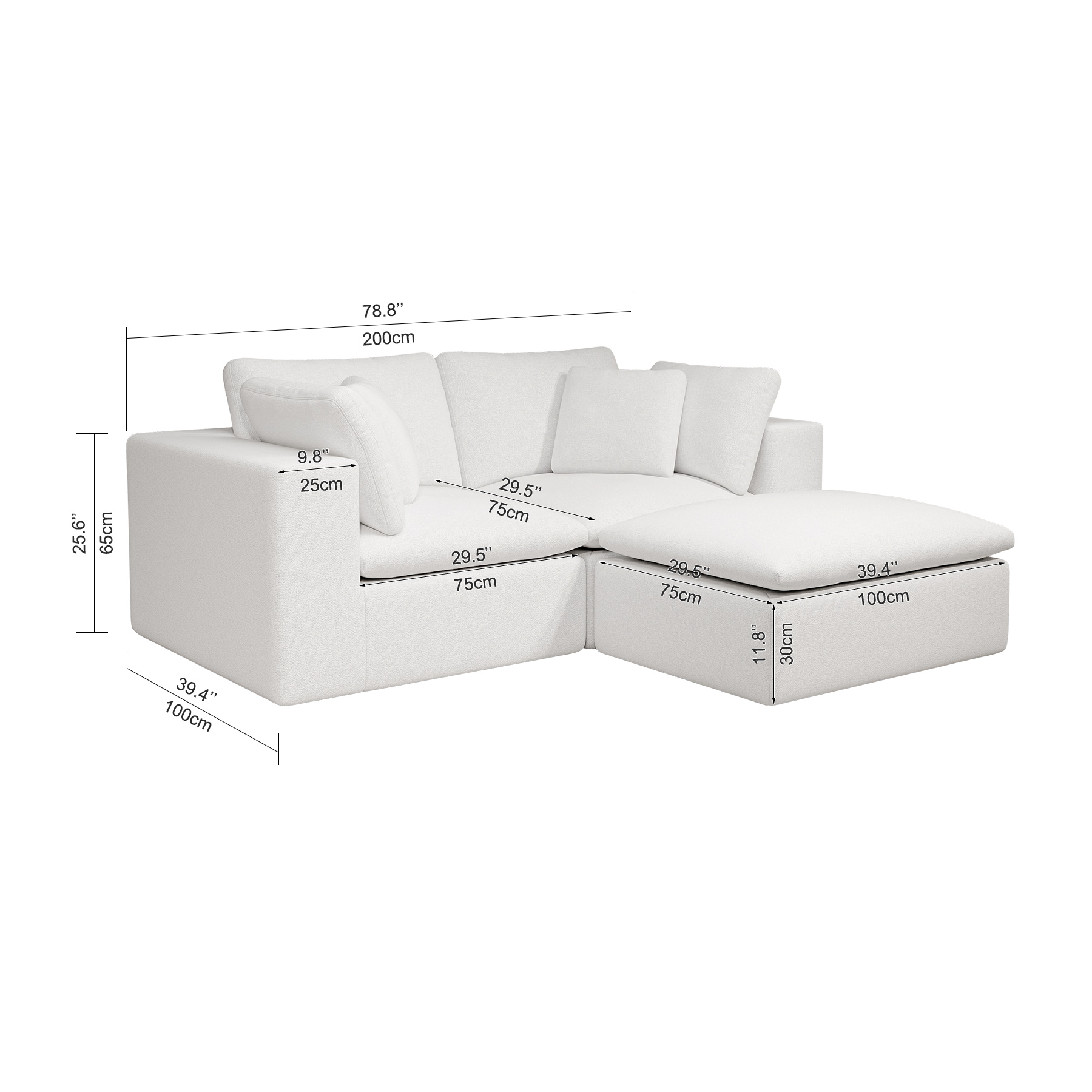 78.8*68.9"Modular sectional sofa seat,Upholstered compressed couch for living room,Bedroom,Apartment,No assembly required,3PC free combination,Plush corduroy fabric,WHITE - Image 4