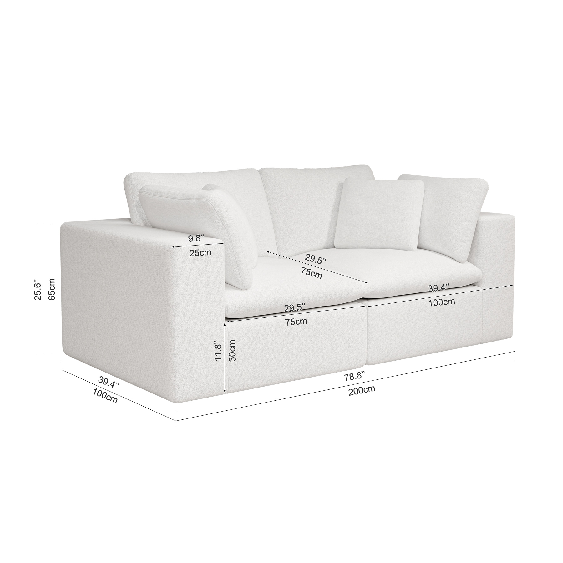 78.8*39.4"Modular sectional sofa seat,Upholstered compressed couch for living room,Bedroom,Apartment,No assembly required,2PC free combination,Plush corduroy fabric,WHITE - Image 4