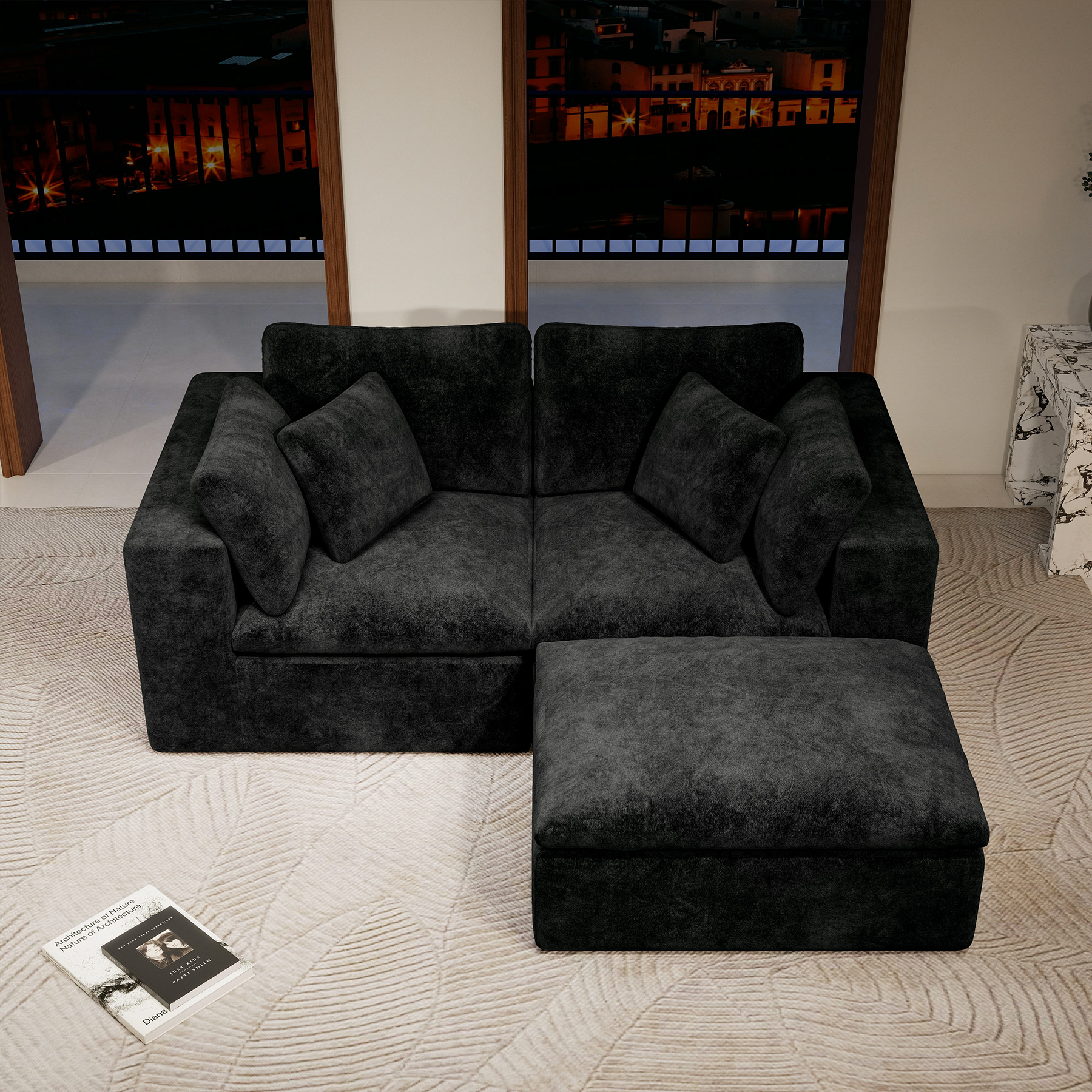 78.8*68.9"Modular sectional sofa seat,Upholstered compressed couch for living room,Bedroom,Apartment,No assembly required,3PC free combination,Plush corduroy fabric,BLACK - Image 2
