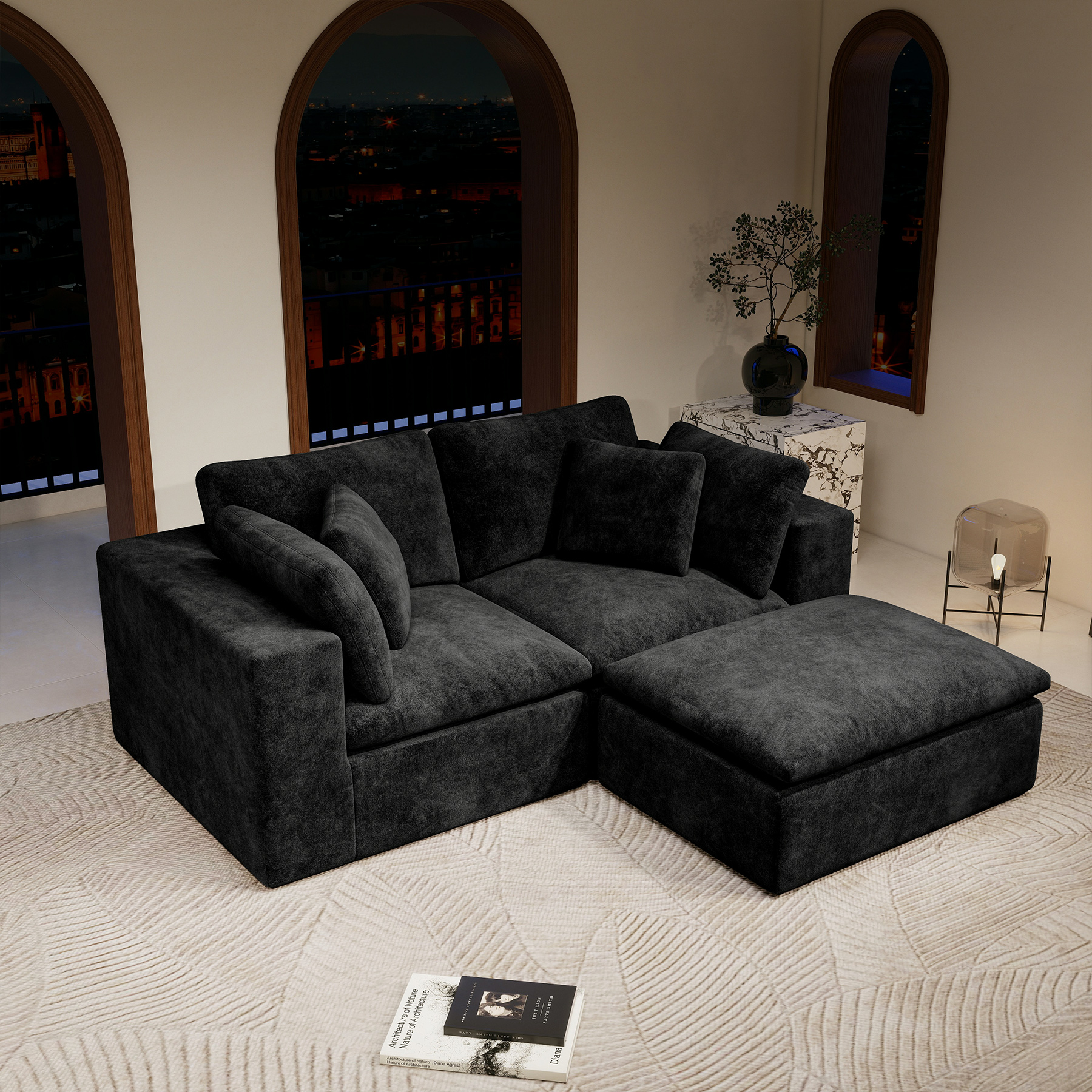 78.8*68.9"Modular sectional sofa seat,Upholstered compressed couch for living room,Bedroom,Apartment,No assembly required,3PC free combination,Plush corduroy fabric,BLACK - Image 3