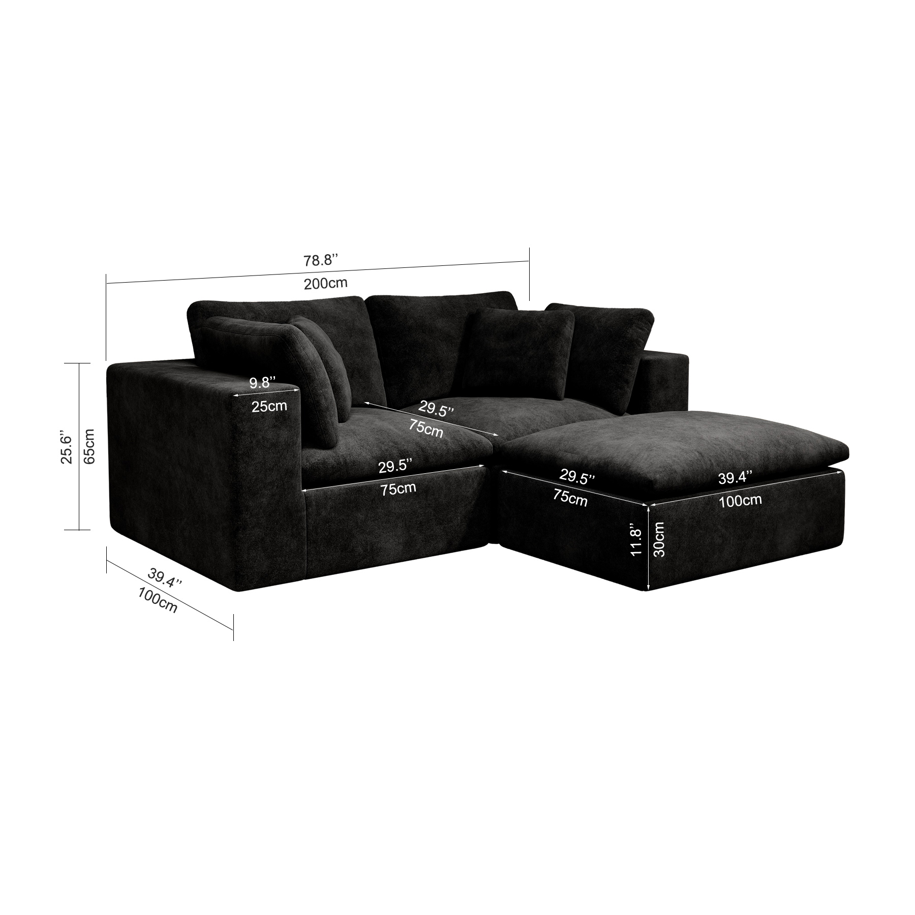 78.8*68.9"Modular sectional sofa seat,Upholstered compressed couch for living room,Bedroom,Apartment,No assembly required,3PC free combination,Plush corduroy fabric,BLACK - Image 4