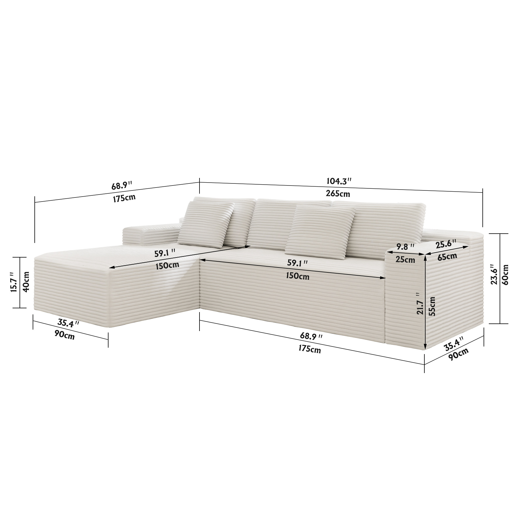 104.3*68.9"Modular sectional sofa seat,Upholstered compressed couch for living room,Bedroom,Apartment,No assembly required,2PC free combination,Plush corduroy fabric,WHITE - Image 5