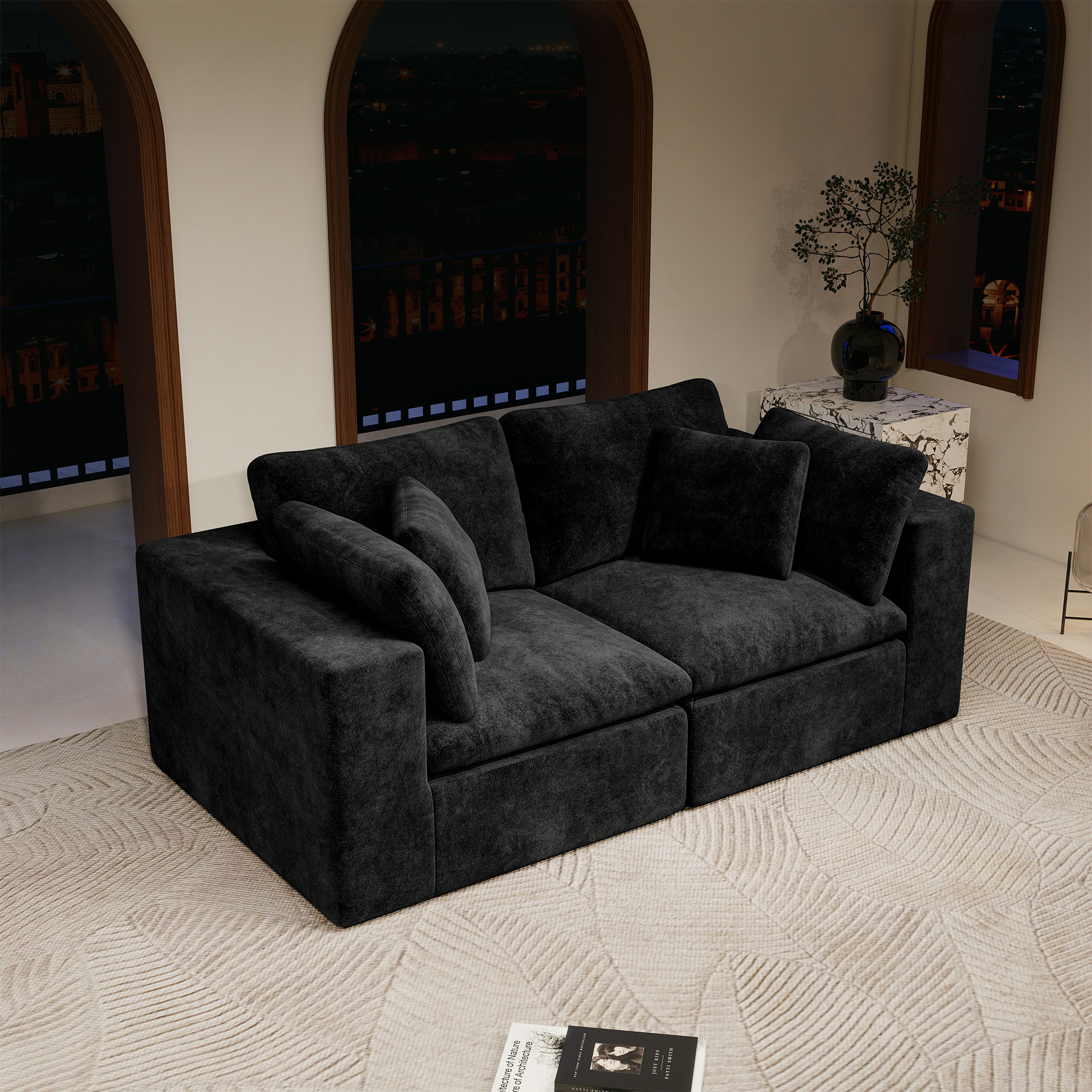 78.8*39.4"Modular sectional sofa seat,Upholstered compressed couch for living room,Bedroom,Apartment,No assembly required,2PC free combination,Plush corduroy fabric,BLACK - Image 2