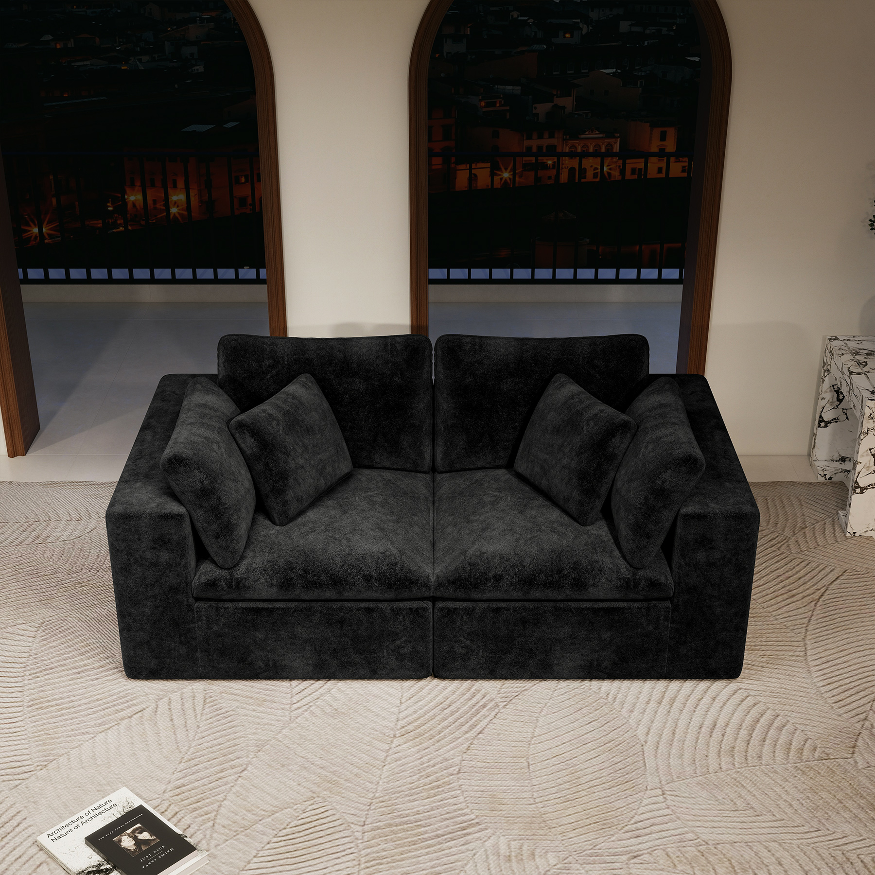 78.8*39.4"Modular sectional sofa seat,Upholstered compressed couch for living room,Bedroom,Apartment,No assembly required,2PC free combination,Plush corduroy fabric,BLACK - Image 3