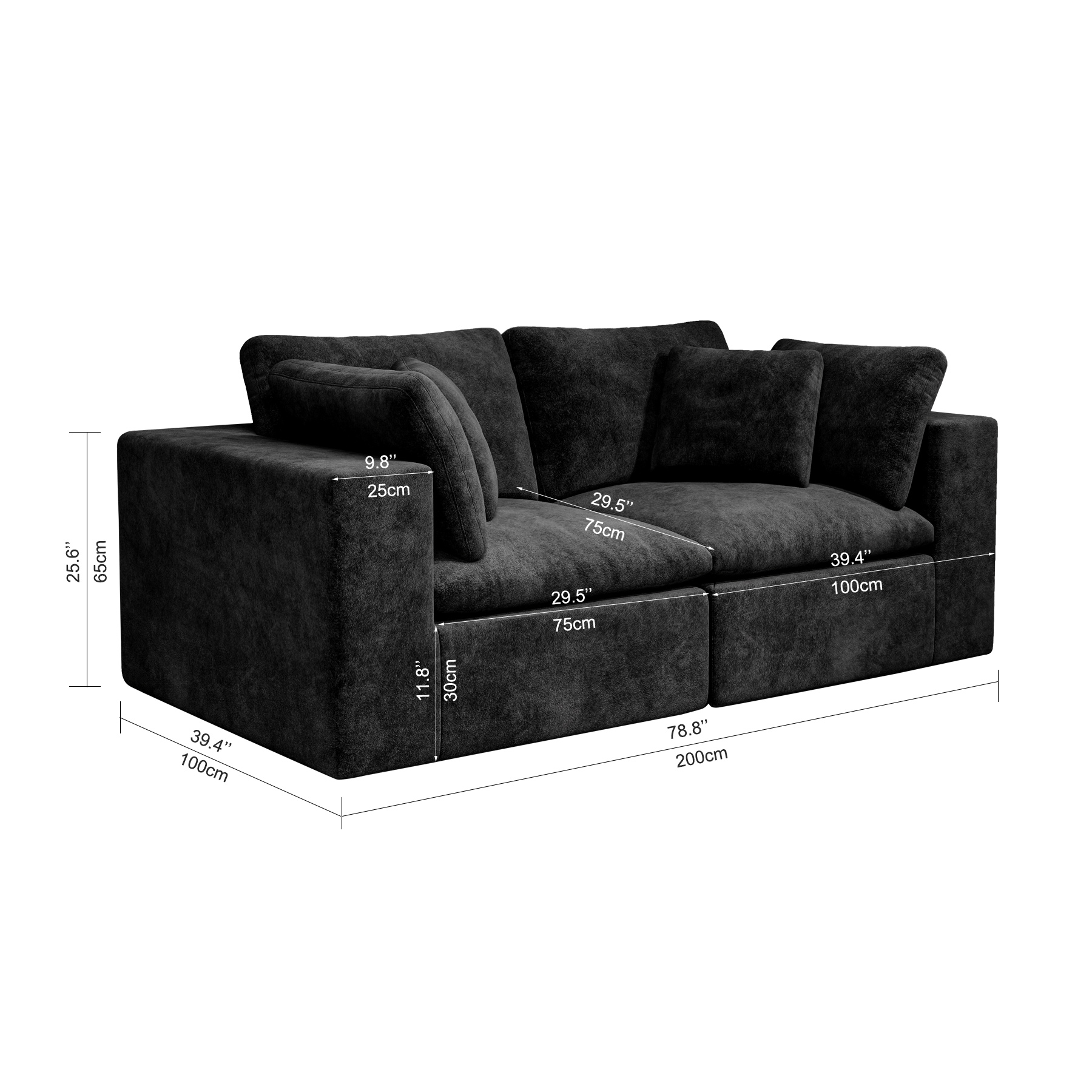 78.8*39.4"Modular sectional sofa seat,Upholstered compressed couch for living room,Bedroom,Apartment,No assembly required,2PC free combination,Plush corduroy fabric,BLACK - Image 4