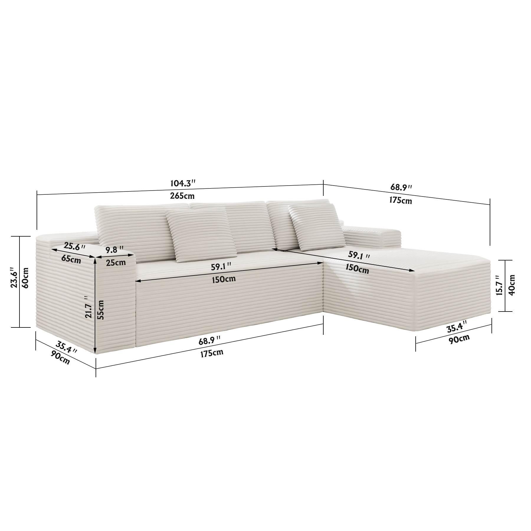 104.3*68.9"Modular sectional sofa seat,Upholstered compressed couch for living room,Bedroom,Apartment,No assembly required,2PC free combination,Plush corduroy fabric,WHTIE - Image 5