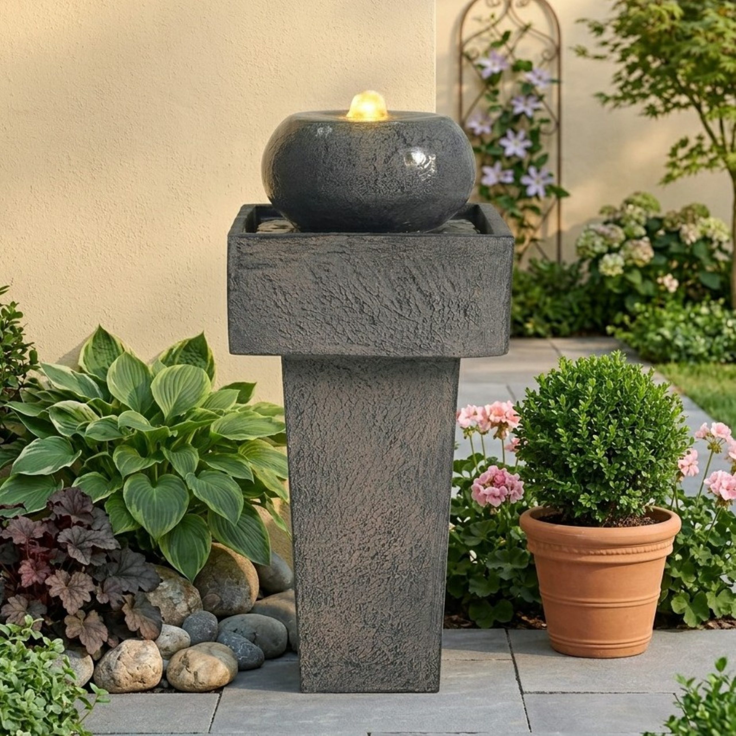 25.59″H Minimalist Concrete Column Fountain–LED-Lit Modern Outdoor Oasis, Sturdy Landscape Feature for Patio, Porch