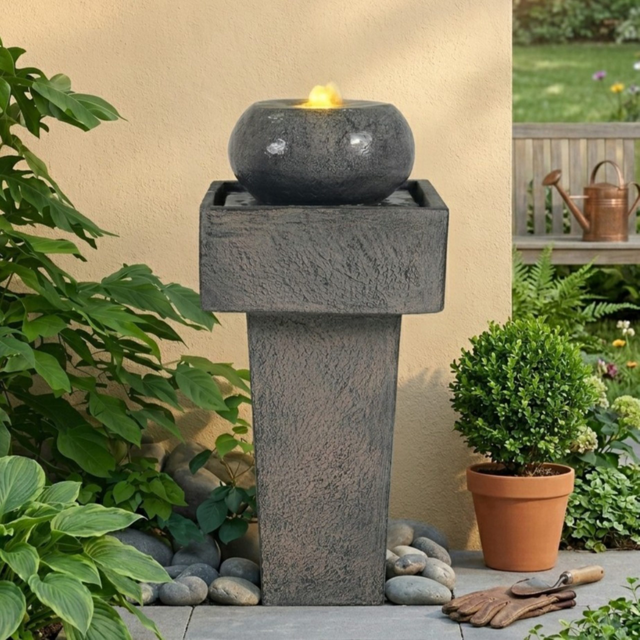 25.59"H Minimalist Concrete Column Fountain–LED-Lit Modern Outdoor Oasis, Sturdy Landscape Feature for Patio, Porch - Image 3
