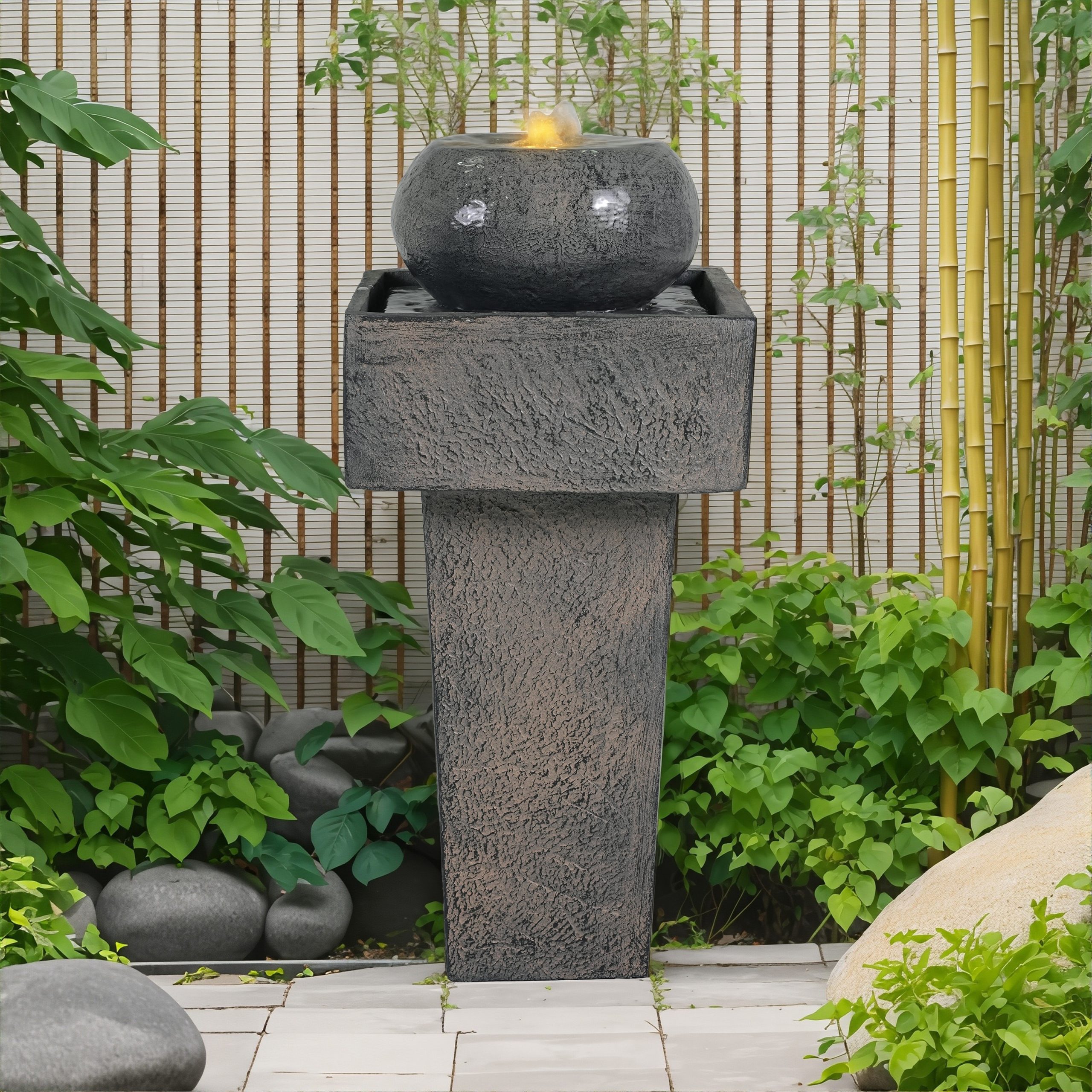 25.59"H Minimalist Concrete Column Fountain–LED-Lit Modern Outdoor Oasis, Sturdy Landscape Feature for Patio, Porch - Image 4