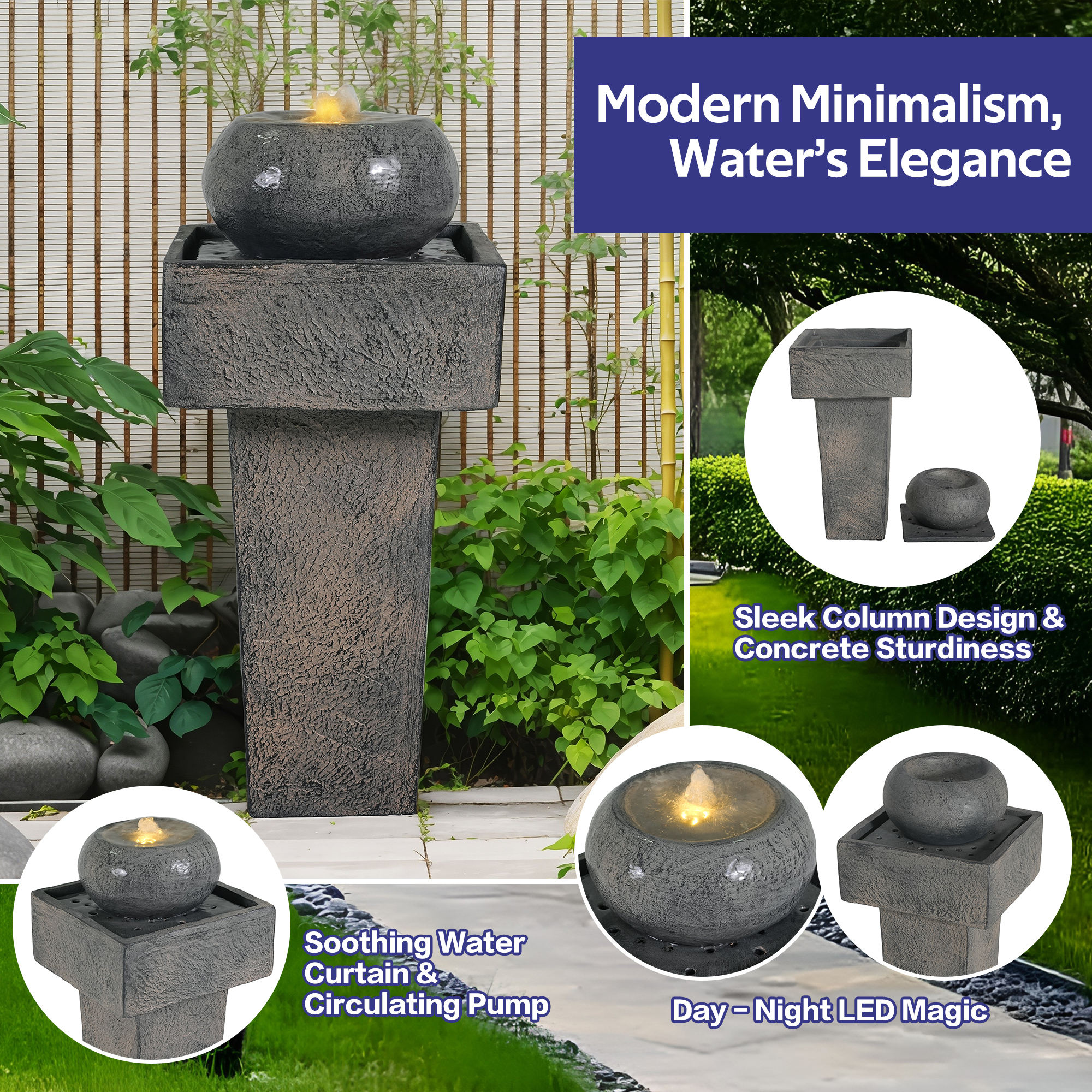 25.59"H Minimalist Concrete Column Fountain–LED-Lit Modern Outdoor Oasis, Sturdy Landscape Feature for Patio, Porch - Image 5