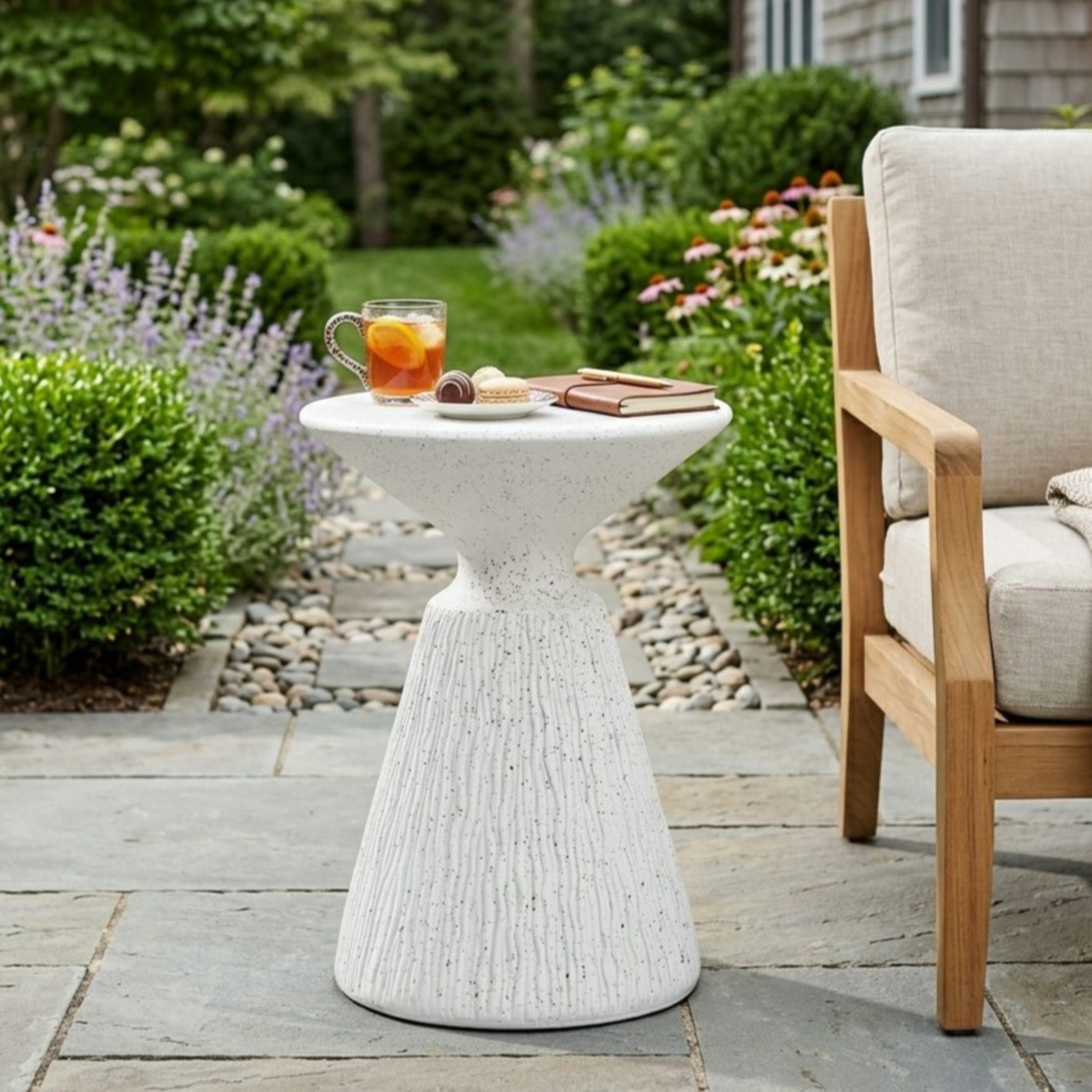 Outdoor White Marble Retro Speckled Textured All-Weather MGO Side Table – Indoor End Table for Home, Office, Living Room & Patio Decor