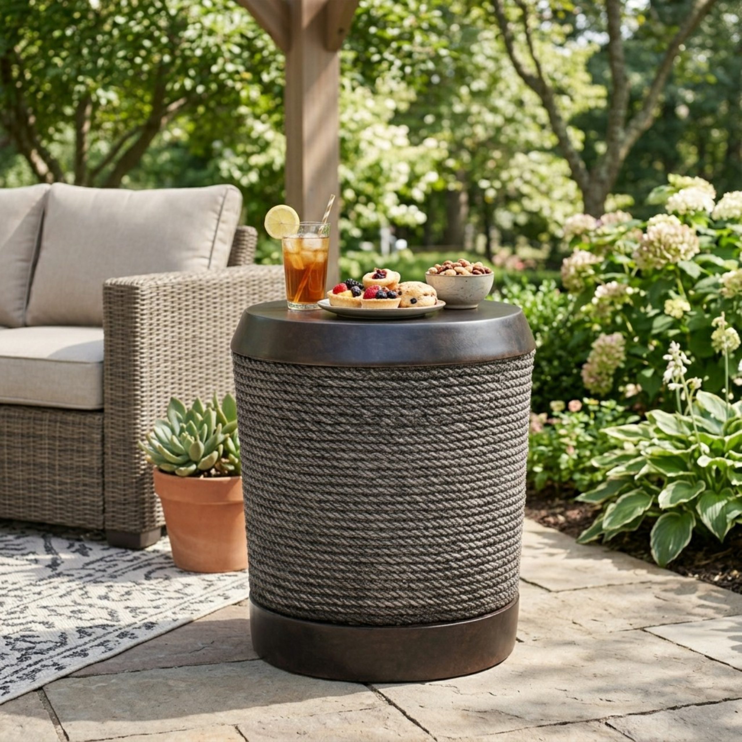 Outdoor Dark Brown Simulated Braided Cord MGO Side Table with Vintage Trim – Indoor Retro Cylindrical End Table for Home & Patio Decor