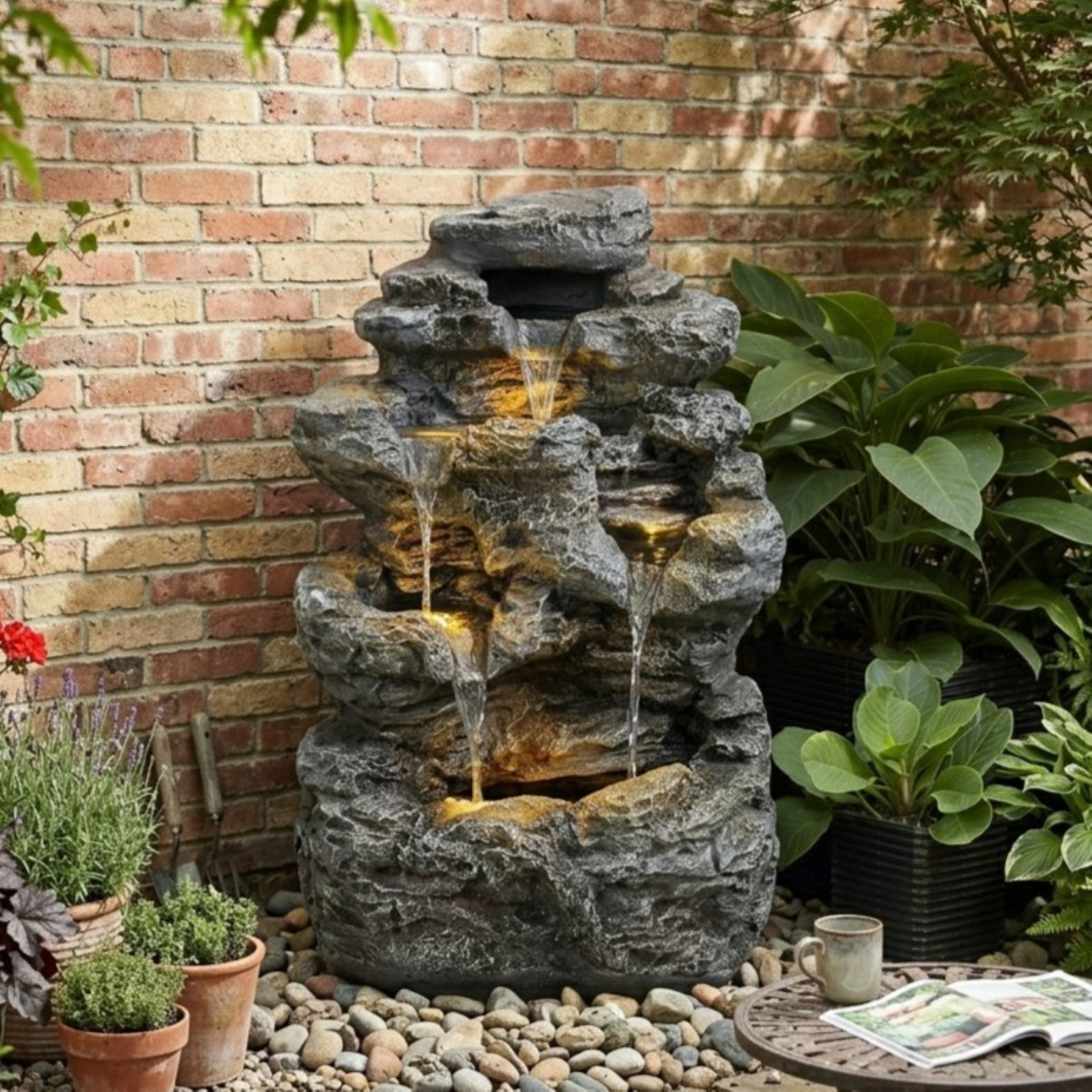 5-Tiered Concrete Tall Slim Fountain, 23.85″H –LED-Lit Column, Space-Saving Modern Outdoor Accent, All-Weather Resistant