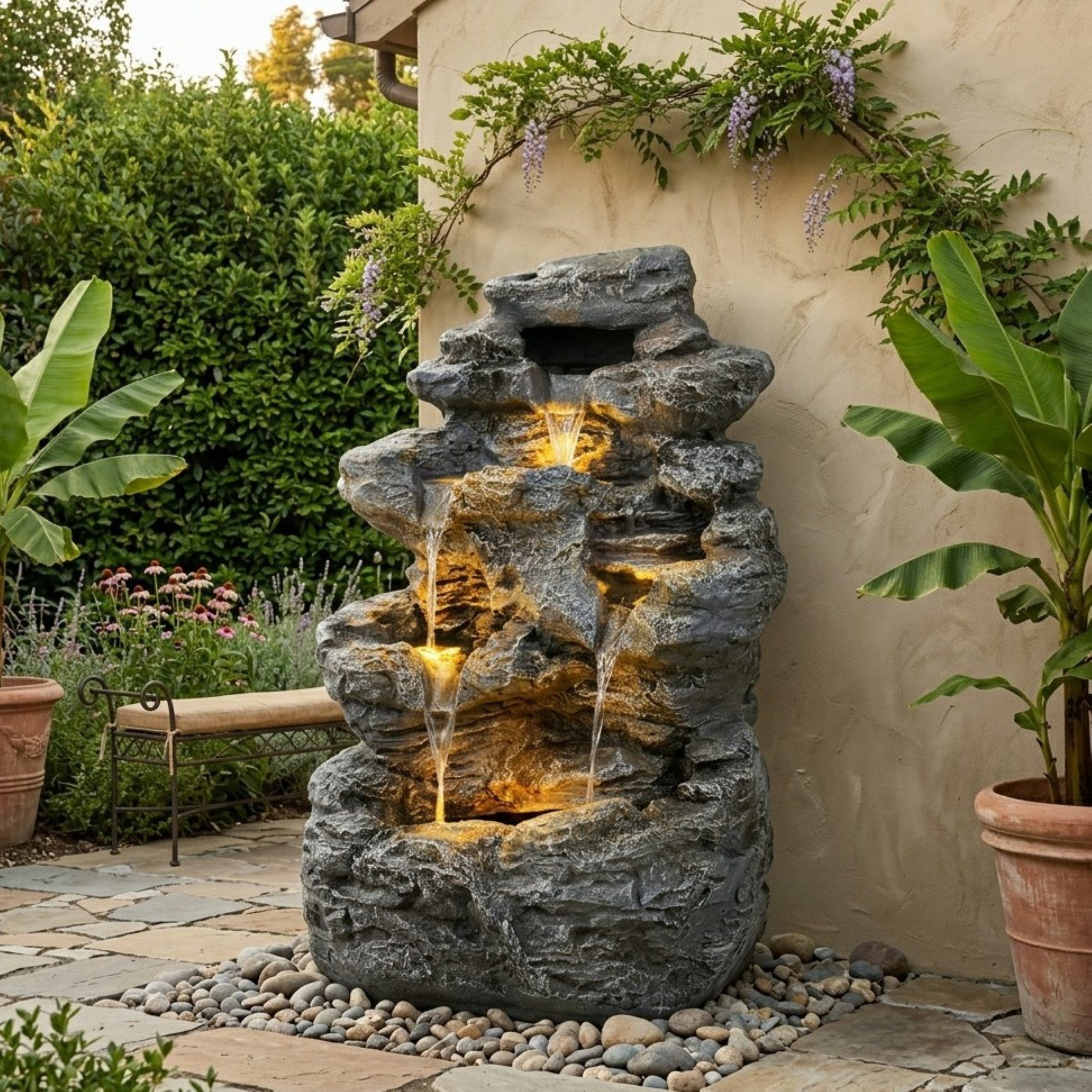 5-Tiered Concrete Tall Slim Fountain, 23.85"H –LED-Lit Column, Space-Saving Modern Outdoor Accent, All-Weather Resistant - Image 2
