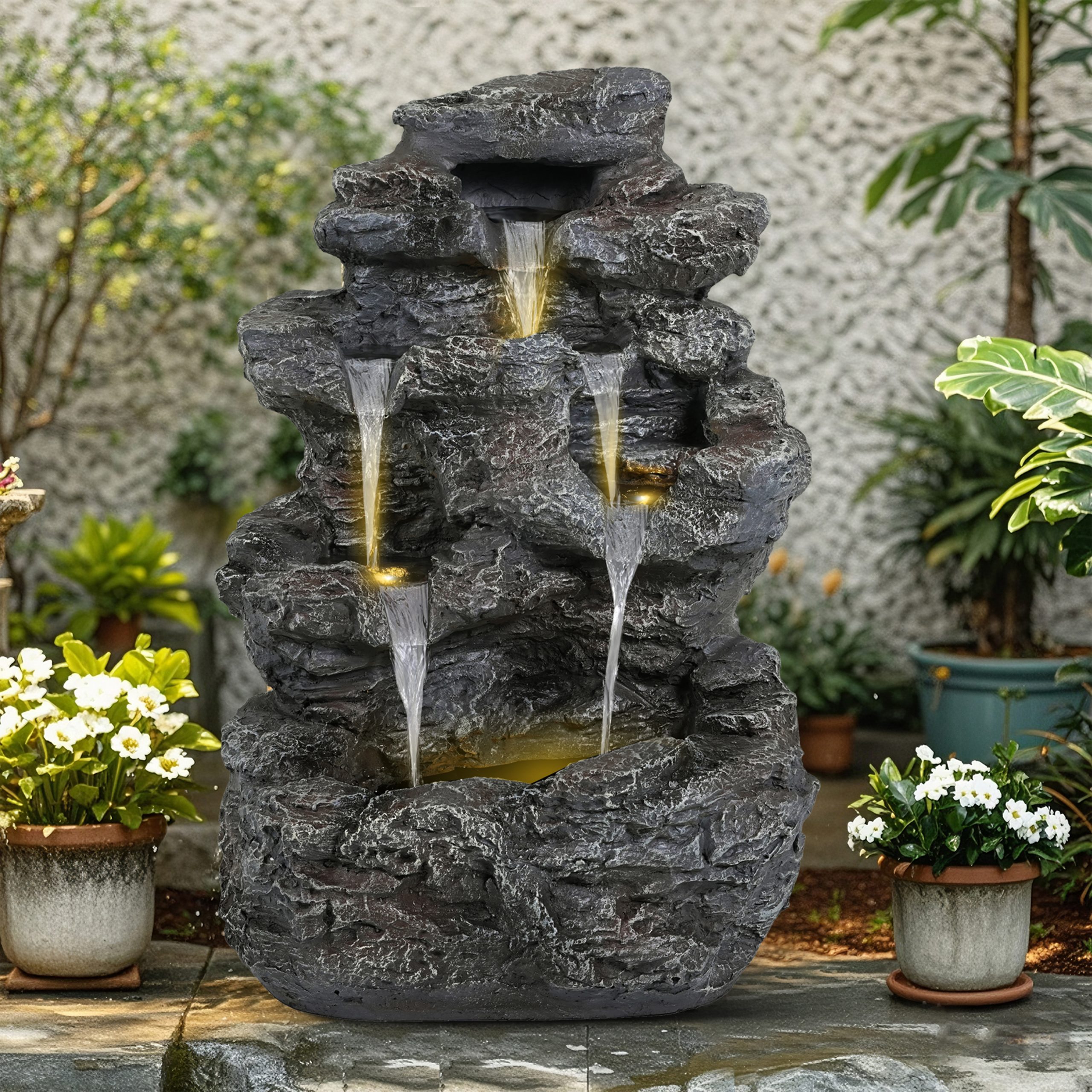 5-Tiered Concrete Tall Slim Fountain, 23.85"H –LED-Lit Column, Space-Saving Modern Outdoor Accent, All-Weather Resistant - Image 4