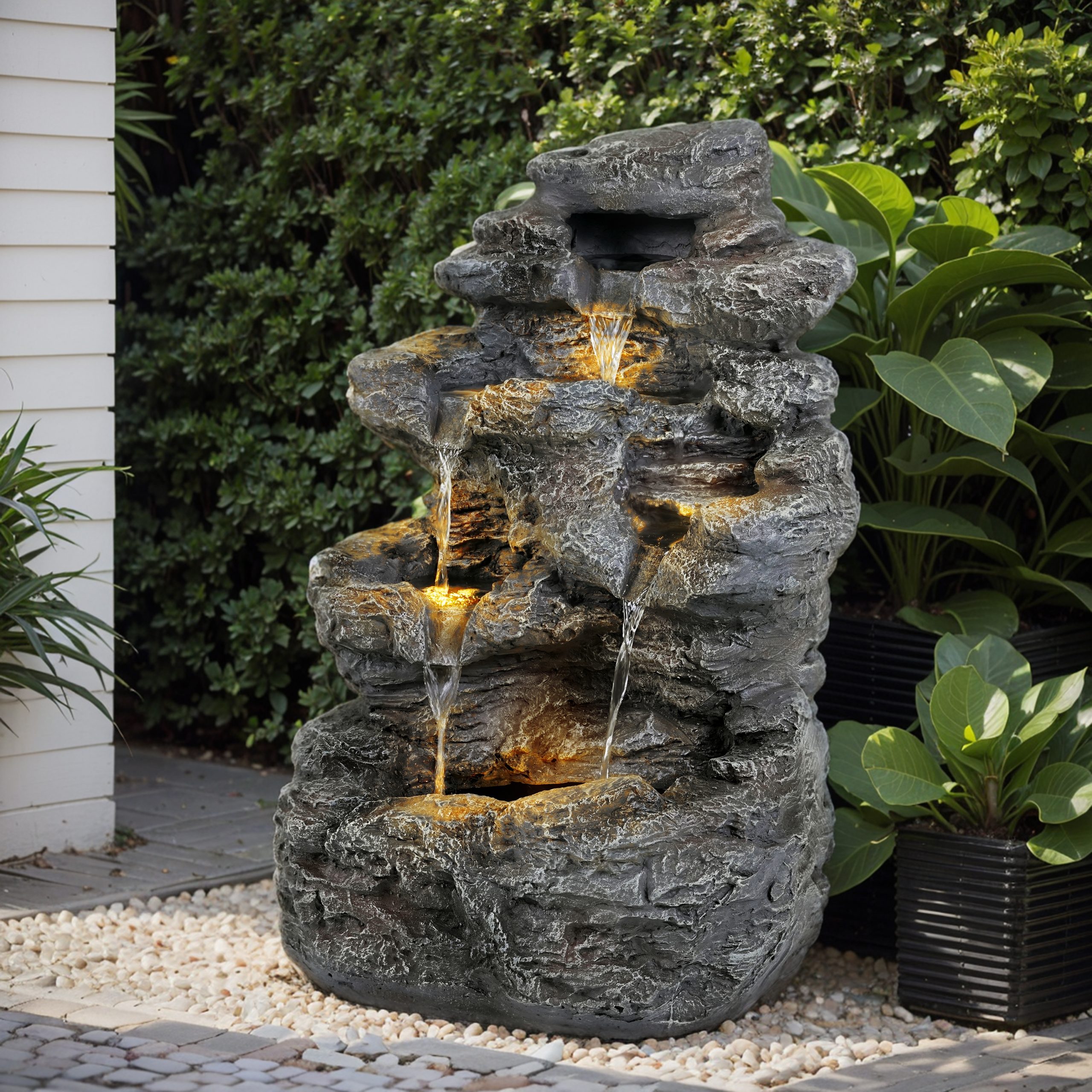 5-Tiered Concrete Tall Slim Fountain, 23.85"H –LED-Lit Column, Space-Saving Modern Outdoor Accent, All-Weather Resistant - Image 6