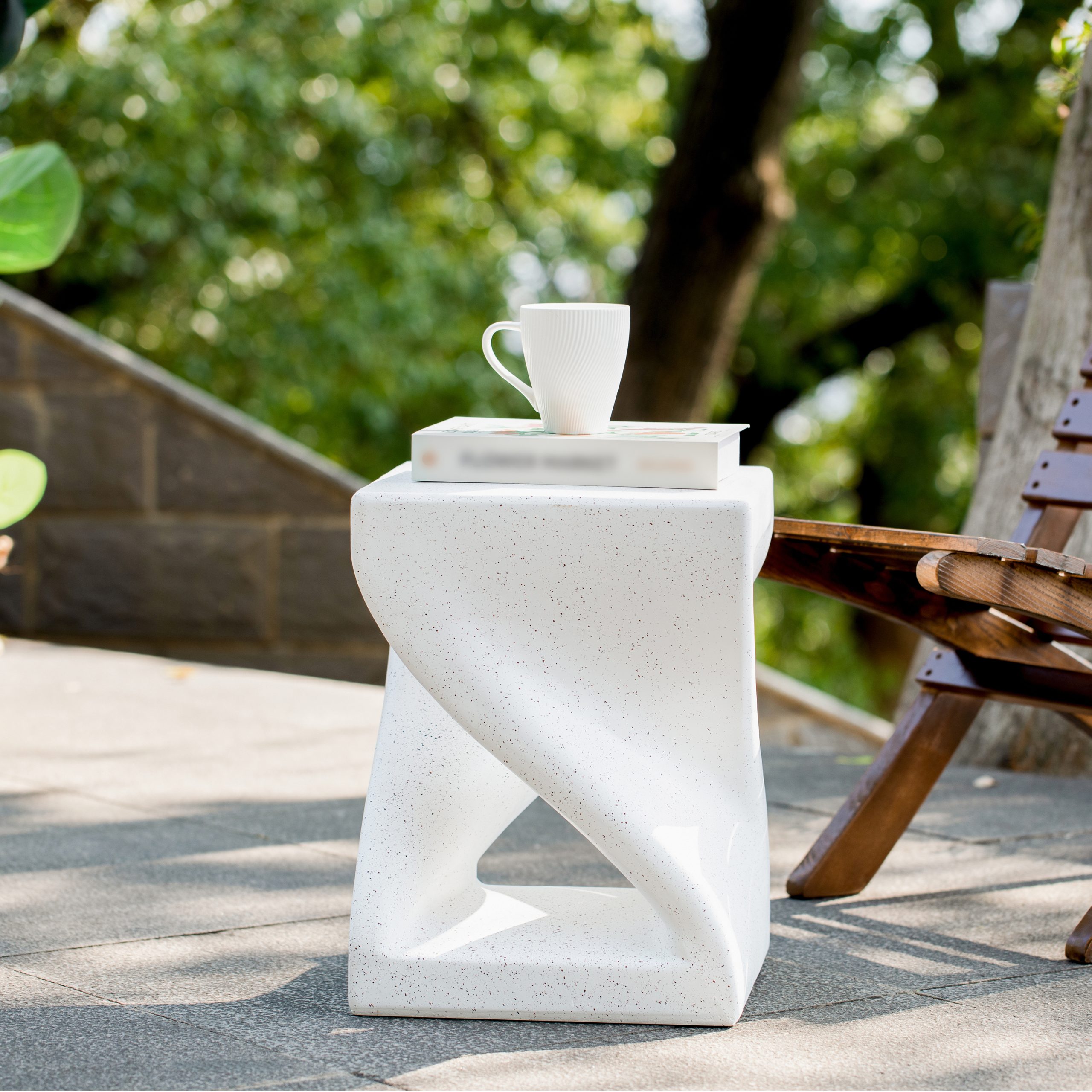 Outdoor White Marble Modern Twisted-Base Terrazzo-Speckled All-Weather MGO Side Table – Indoor End Table for Home, Office & Patio Decor - Image 3