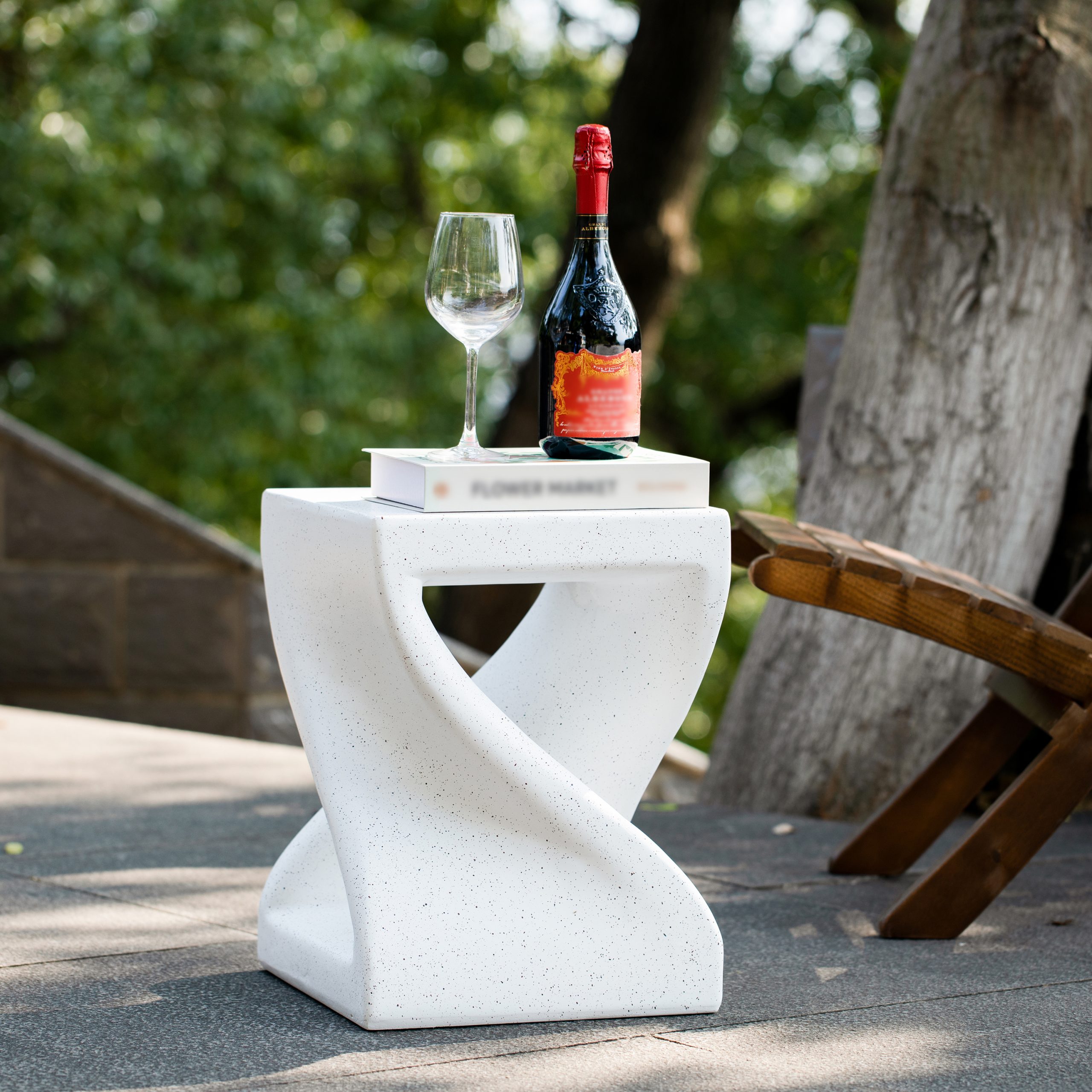 Outdoor White Marble Modern Twisted-Base Terrazzo-Speckled All-Weather MGO Side Table – Indoor End Table for Home, Office & Patio Decor - Image 4