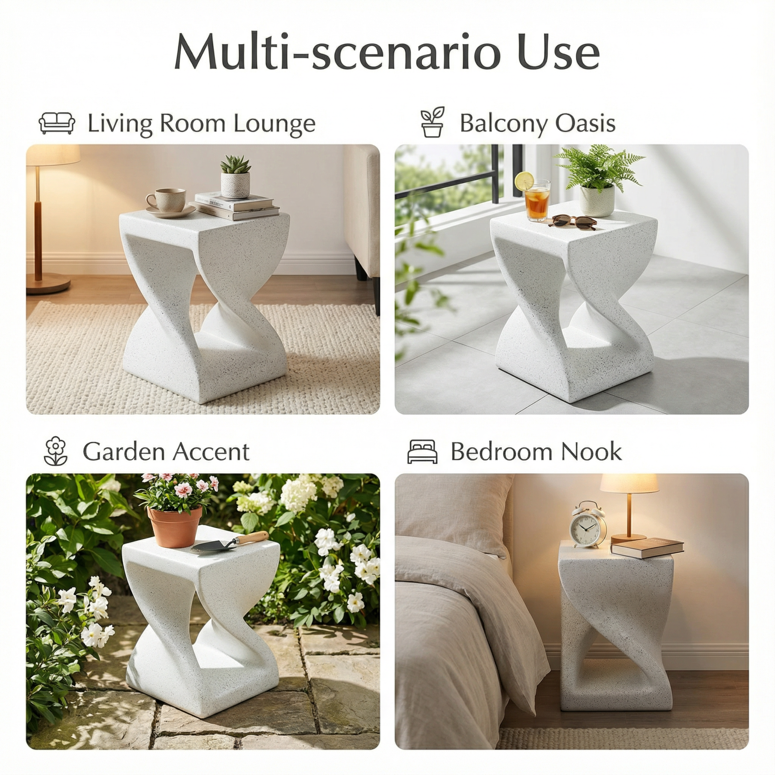 Outdoor White Marble Modern Twisted-Base Terrazzo-Speckled All-Weather MGO Side Table – Indoor End Table for Home, Office & Patio Decor - Image 5