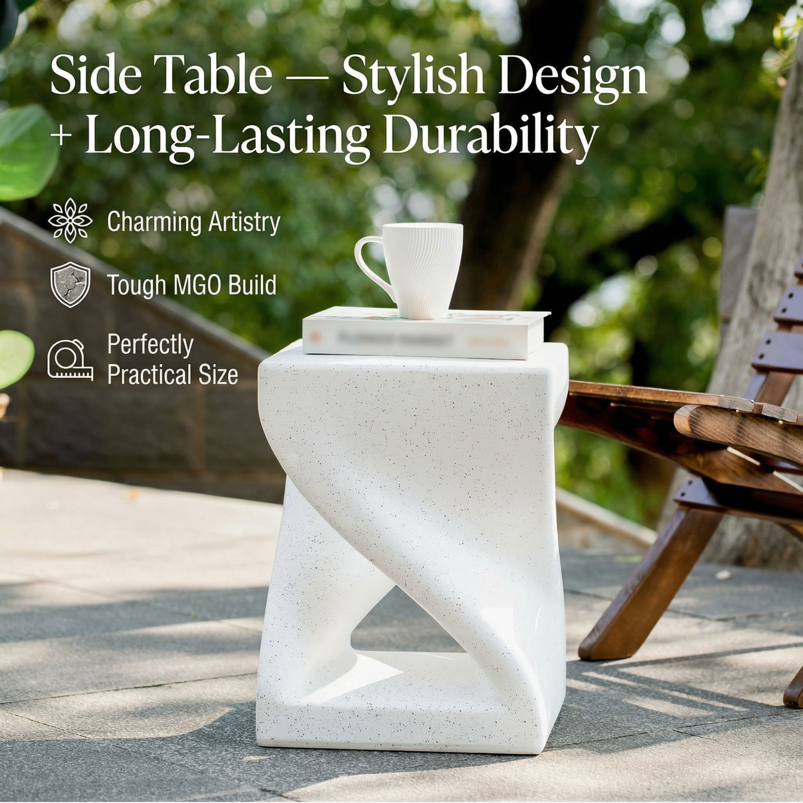 Outdoor White Marble Modern Twisted-Base Terrazzo-Speckled All-Weather MGO Side Table – Indoor End Table for Home, Office & Patio Decor - Image 6