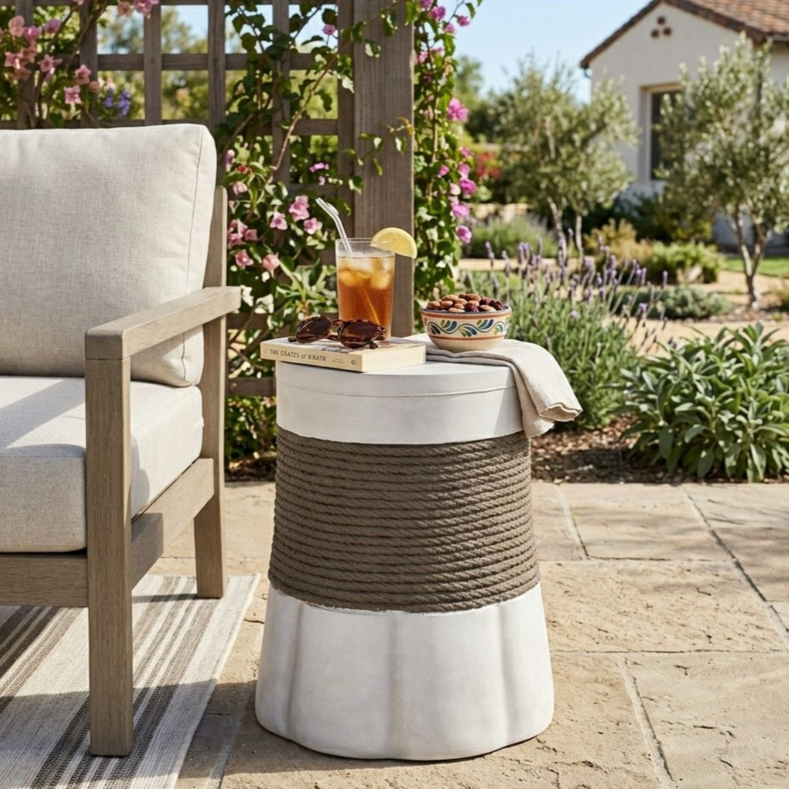 Outdoor Light Gray & Brown Retro Woven Rope & Fan-Base MGO Side Table – End Table for Home, Office, Living Room & Outdoor - Image 2
