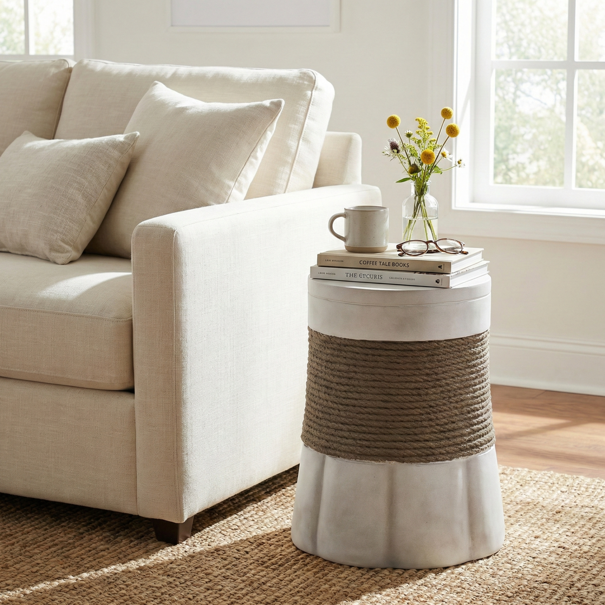 Outdoor Light Gray & Brown Retro Woven Rope & Fan-Base MGO Side Table – End Table for Home, Office, Living Room & Outdoor - Image 4