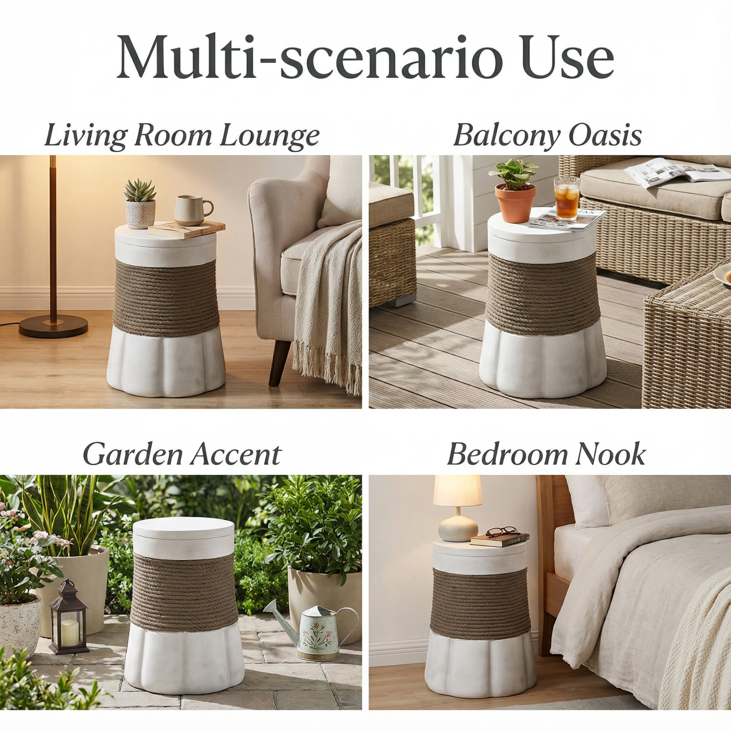 Outdoor Light Gray & Brown Retro Woven Rope & Fan-Base MGO Side Table – End Table for Home, Office, Living Room & Outdoor - Image 6