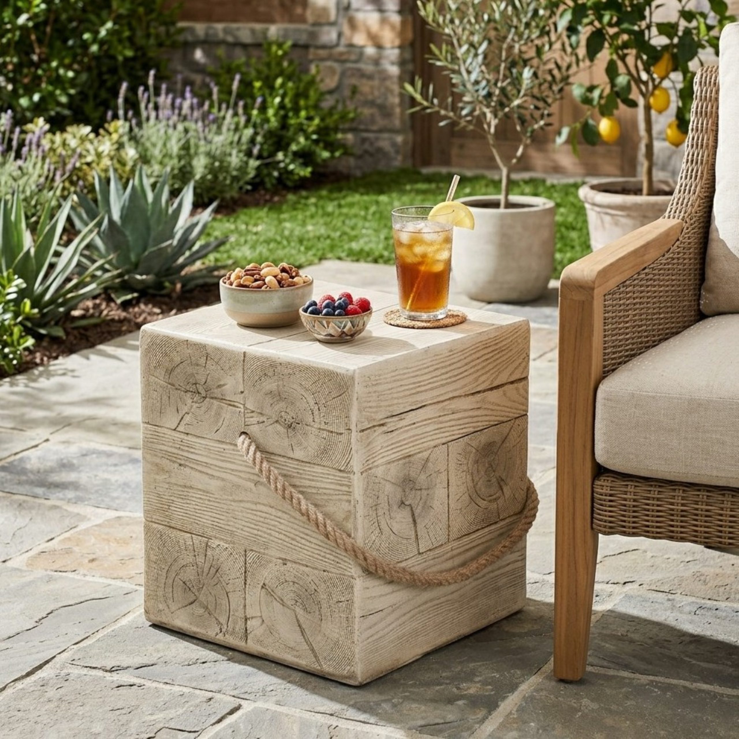 Outdoor Wood Grain Square MGO Side Table with Simulated Braided Cord – Indoor Retro End Table for Home & Patio Decor