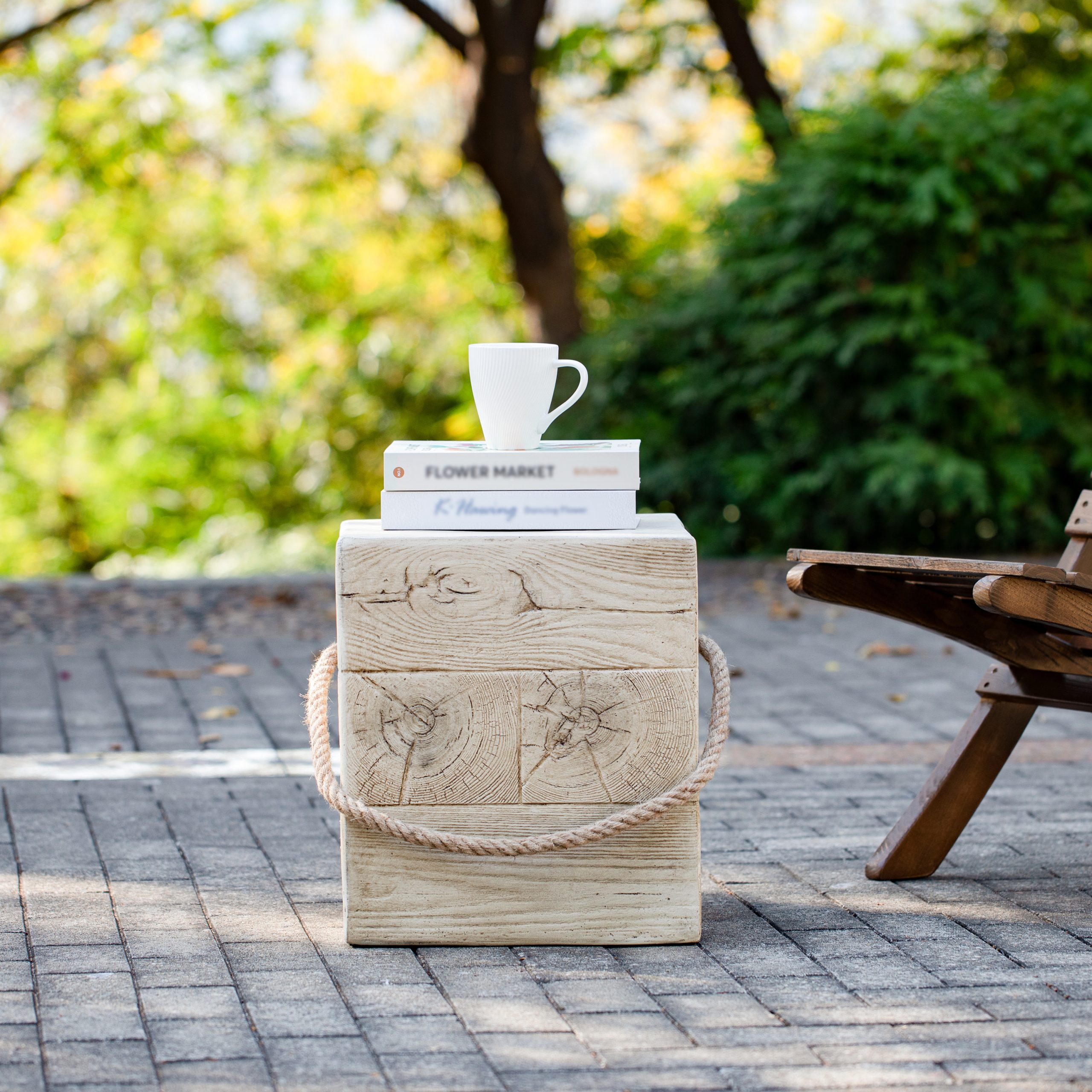 Outdoor Wood Grain Square MGO Side Table with Simulated Braided Cord – Indoor Retro End Table for Home & Patio Decor - Image 3