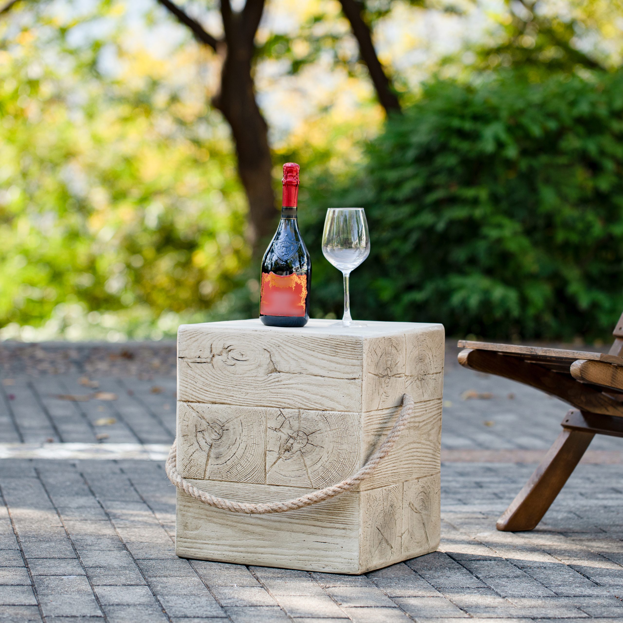 Outdoor Wood Grain Square MGO Side Table with Simulated Braided Cord – Indoor Retro End Table for Home & Patio Decor - Image 4