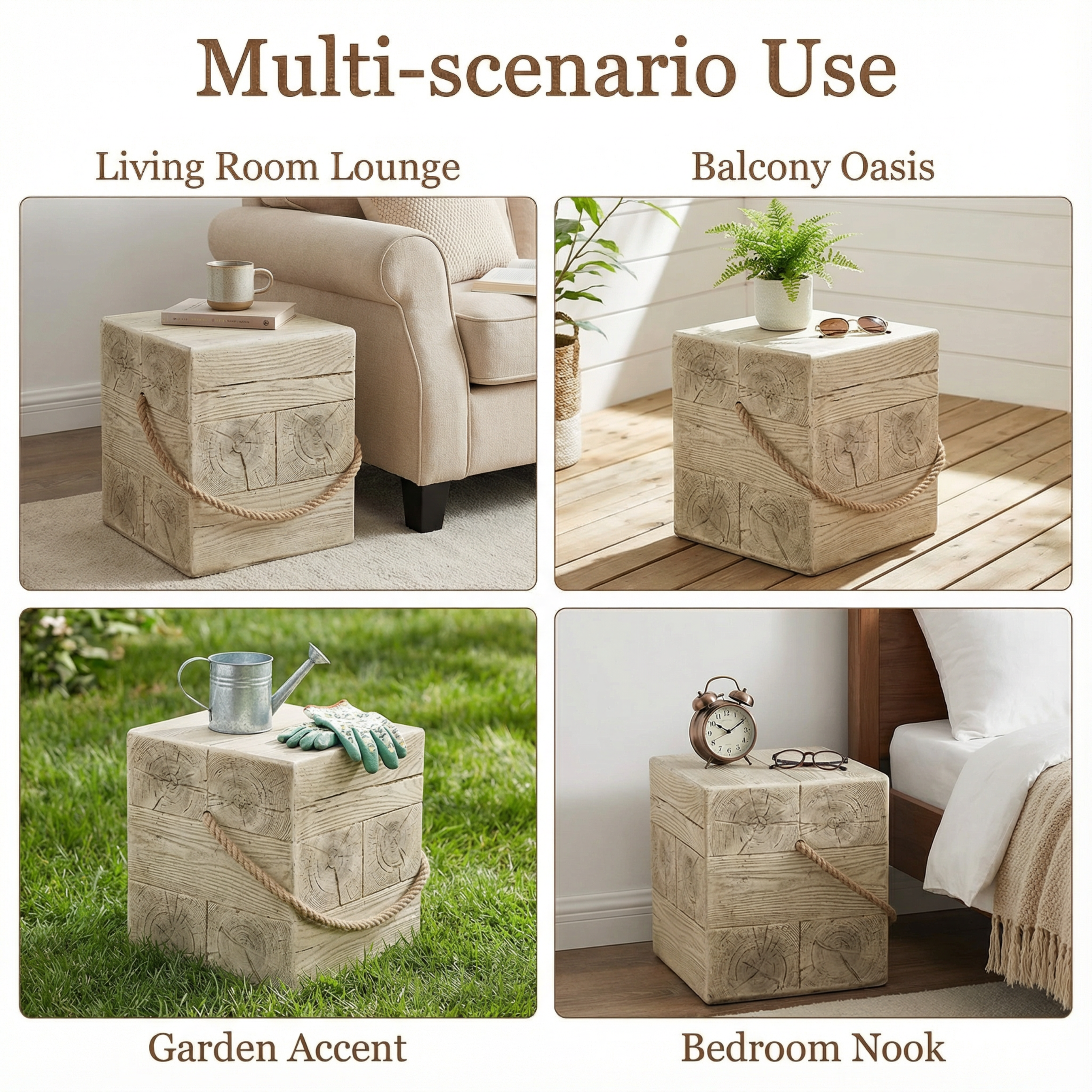 Outdoor Wood Grain Square MGO Side Table with Simulated Braided Cord – Indoor Retro End Table for Home & Patio Decor - Image 5