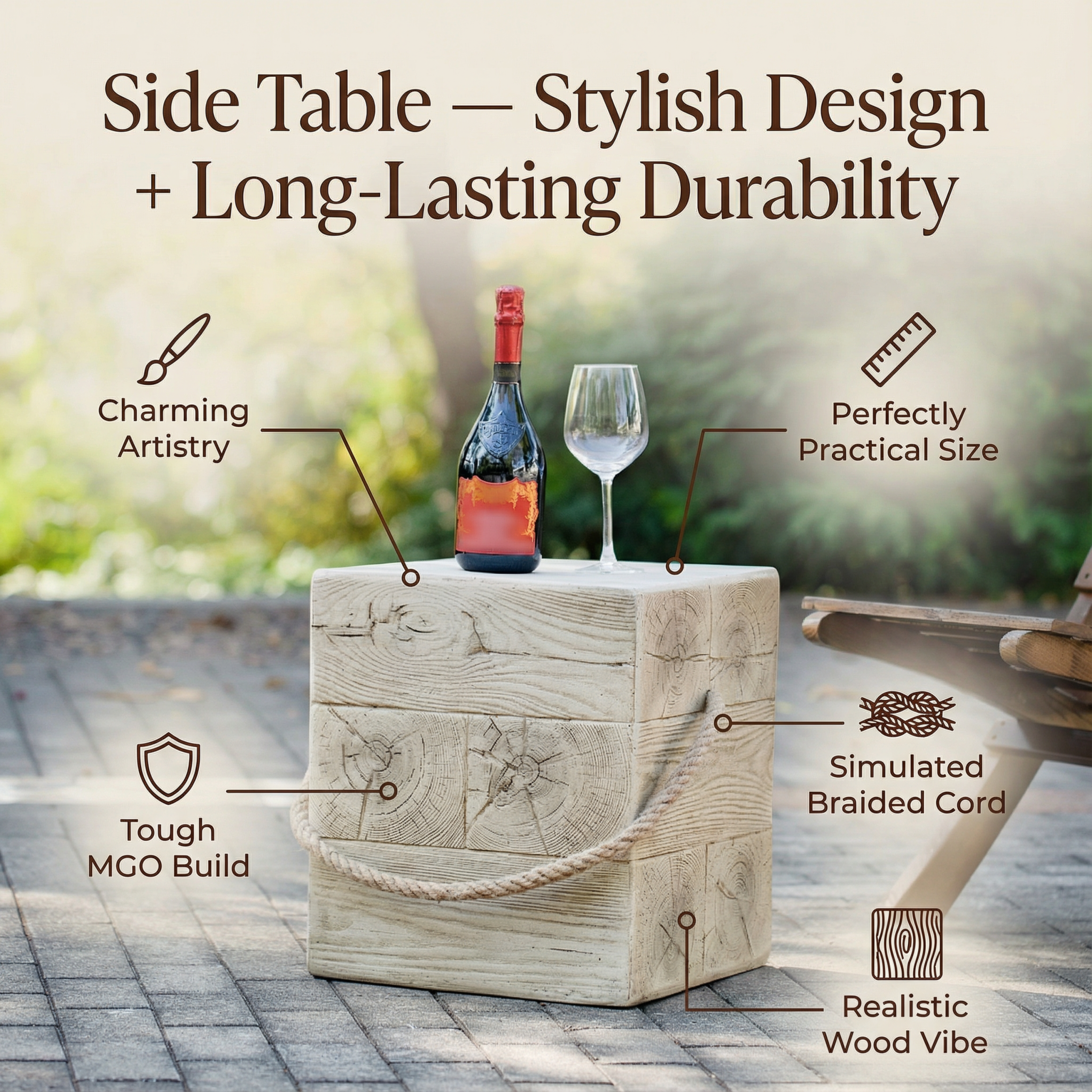 Outdoor Wood Grain Square MGO Side Table with Simulated Braided Cord – Indoor Retro End Table for Home & Patio Decor - Image 6