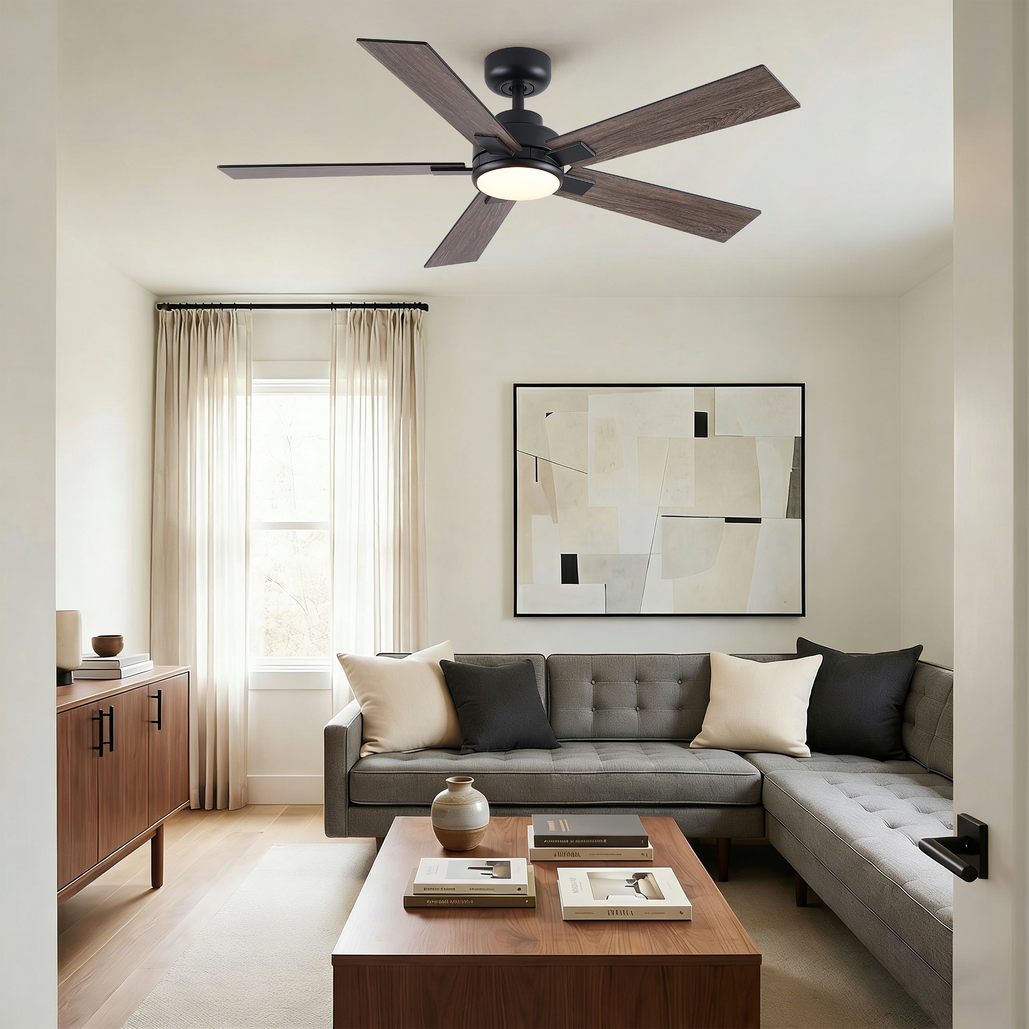52" Matte Black Modern Reversible Motor Integrated LED Dimmable Ceiling Fan with Light and Remote - Image 6