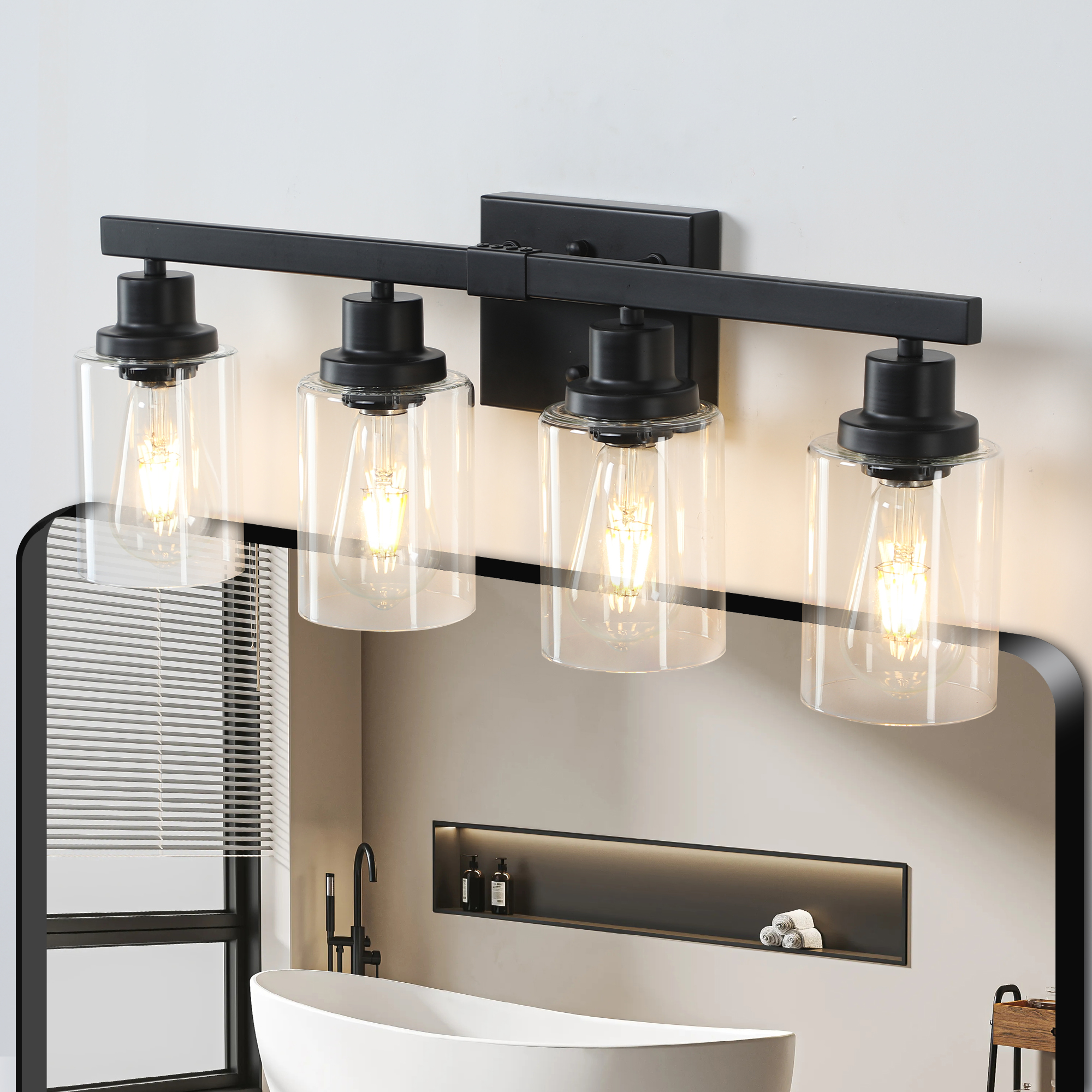 (Same as W1340P197620/L001010-B4) 24″ Modern Black 4-Light Bathroom Vanity Light Fixture, Industrial Wall Sconce with Clear Glass Shades for Mirror, Bathroom, Bedroom, and Hallway (No Bulbs)