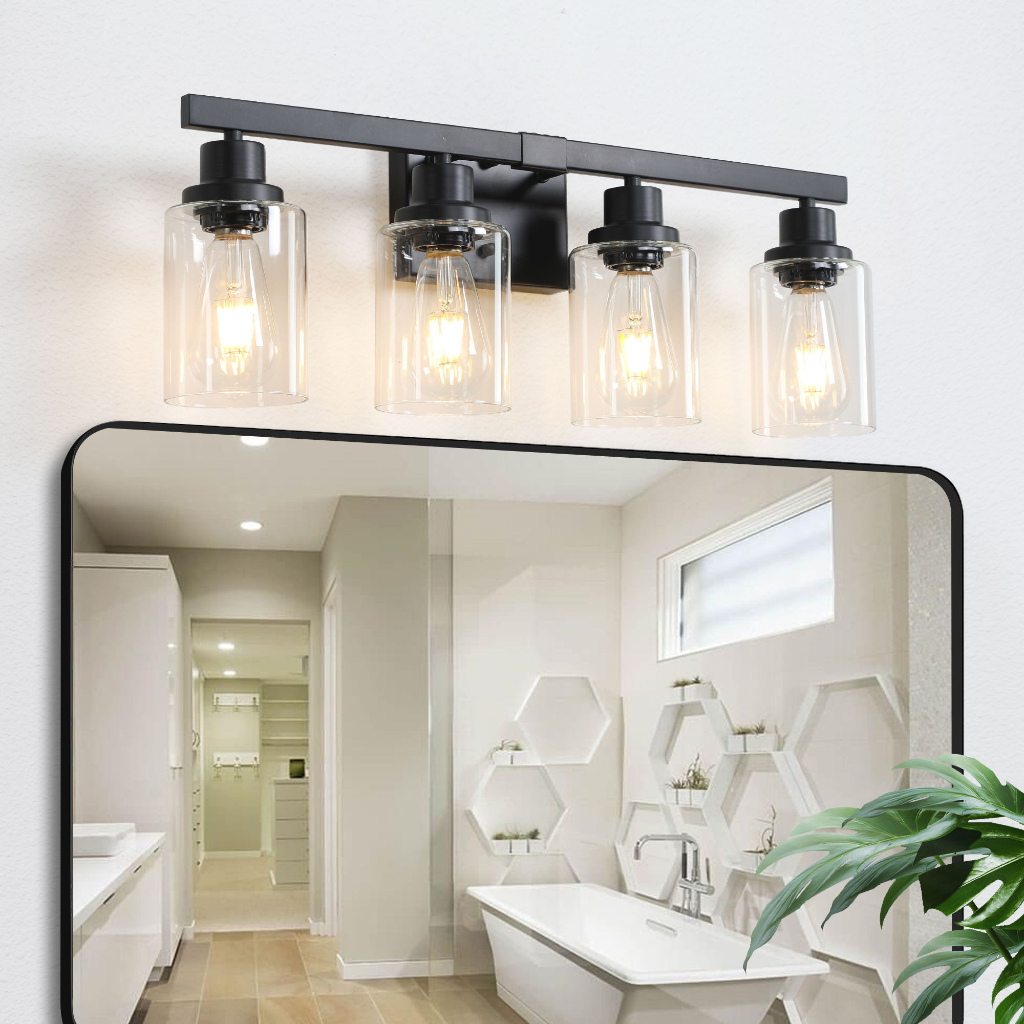 (Same as W1340P197620/L001010-B4) 24" Modern Black 4-Light Bathroom Vanity Light Fixture, Industrial Wall Sconce with Clear Glass Shades for Mirror, Bathroom, Bedroom, and Hallway (No Bulbs) - Image 2