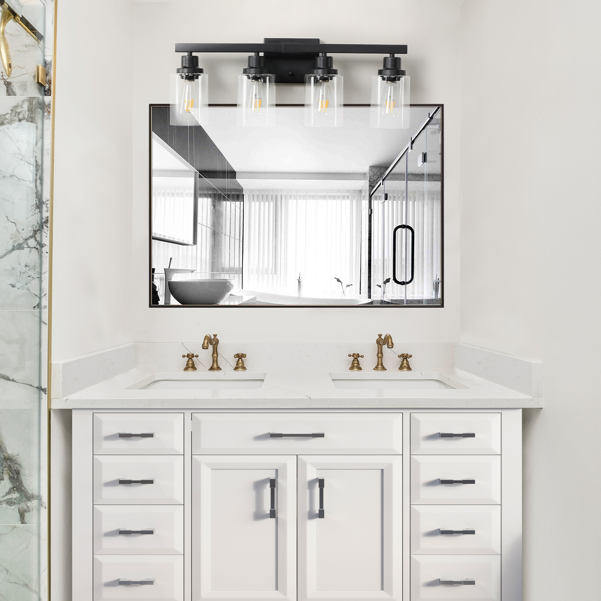 (Same as W1340P197620/L001010-B4) 24" Modern Black 4-Light Bathroom Vanity Light Fixture, Industrial Wall Sconce with Clear Glass Shades for Mirror, Bathroom, Bedroom, and Hallway (No Bulbs) - Image 3