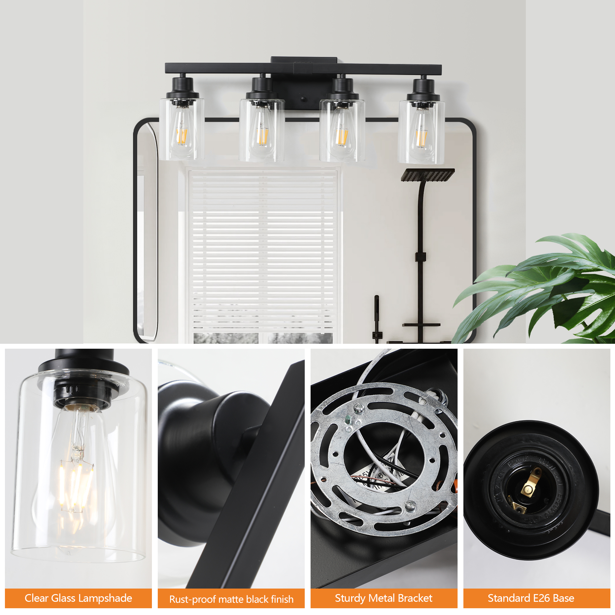 (Same as W1340P197620/L001010-B4) 24" Modern Black 4-Light Bathroom Vanity Light Fixture, Industrial Wall Sconce with Clear Glass Shades for Mirror, Bathroom, Bedroom, and Hallway (No Bulbs) - Image 6