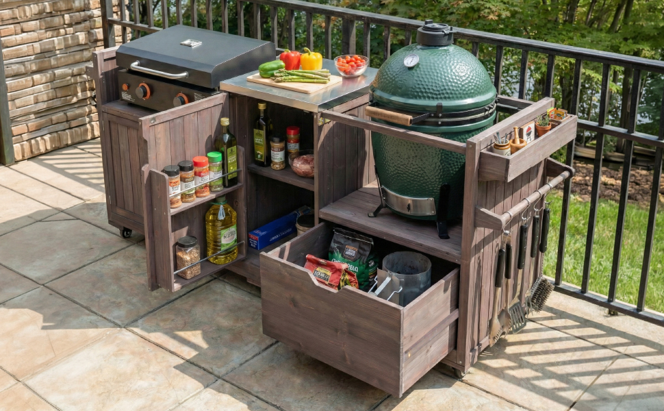 K&K 80.5" Outdoor Kitchen Island for Big Green Egg& Blackstone Griddle, Solid Wood Grill Cart Table with Stainless Steel Top, Drawer for Large Big Green Egg and 21"/28" Blackstone Griddle, Dark Brown - Image 2