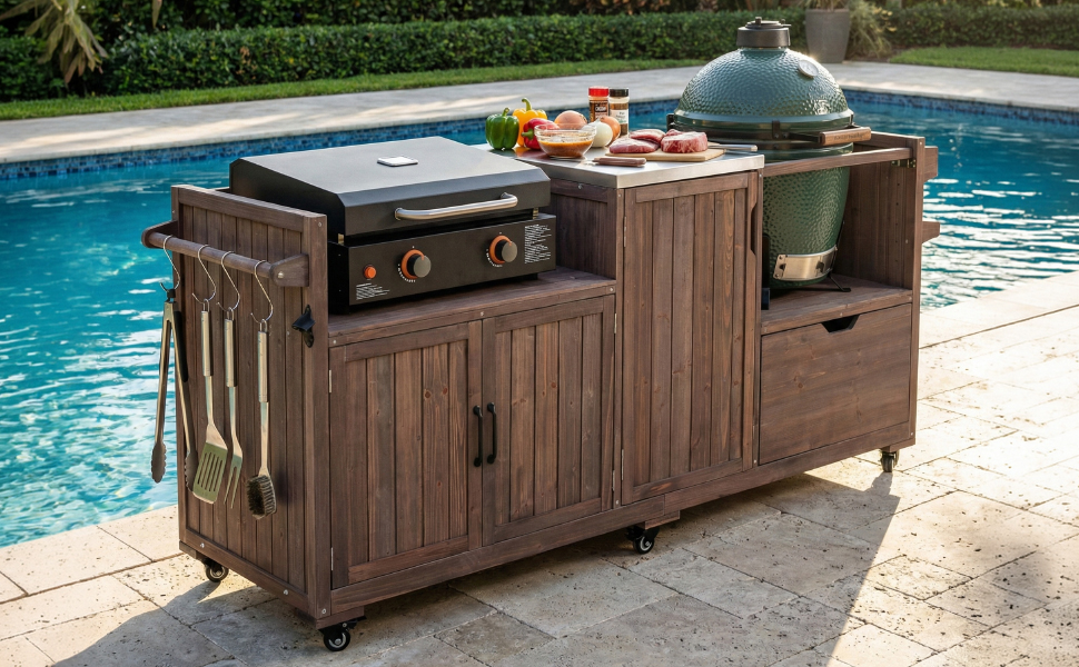 K&K 80.5" Outdoor Kitchen Island for Big Green Egg& Blackstone Griddle, Solid Wood Grill Cart Table with Stainless Steel Top, Drawer for Large Big Green Egg and 21"/28" Blackstone Griddle, Dark Brown - Image 3