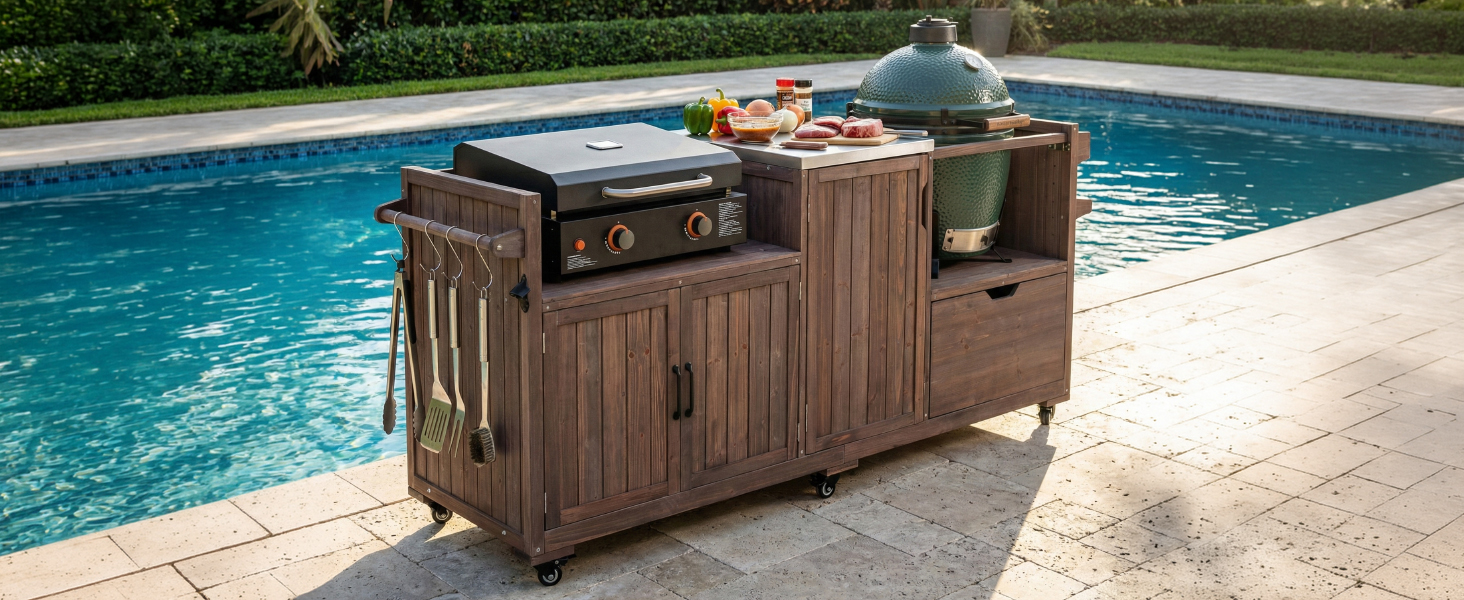 K&K 80.5" Outdoor Kitchen Island for Big Green Egg& Blackstone Griddle, Solid Wood Grill Cart Table with Stainless Steel Top, Drawer for Large Big Green Egg and 21"/28" Blackstone Griddle, Dark Brown - Image 4