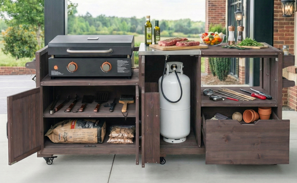 K&K 80.5" Outdoor Kitchen Island for Big Green Egg& Blackstone Griddle, Solid Wood Grill Cart Table with Stainless Steel Top, Drawer for Large Big Green Egg and 21"/28" Blackstone Griddle, Dark Brown - Image 5