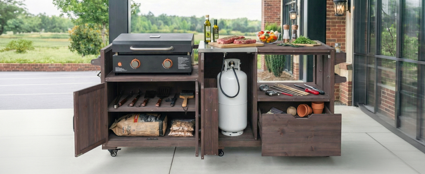 K&K 80.5" Outdoor Kitchen Island for Big Green Egg& Blackstone Griddle, Solid Wood Grill Cart Table with Stainless Steel Top, Drawer for Large Big Green Egg and 21"/28" Blackstone Griddle, Dark Brown - Image 6