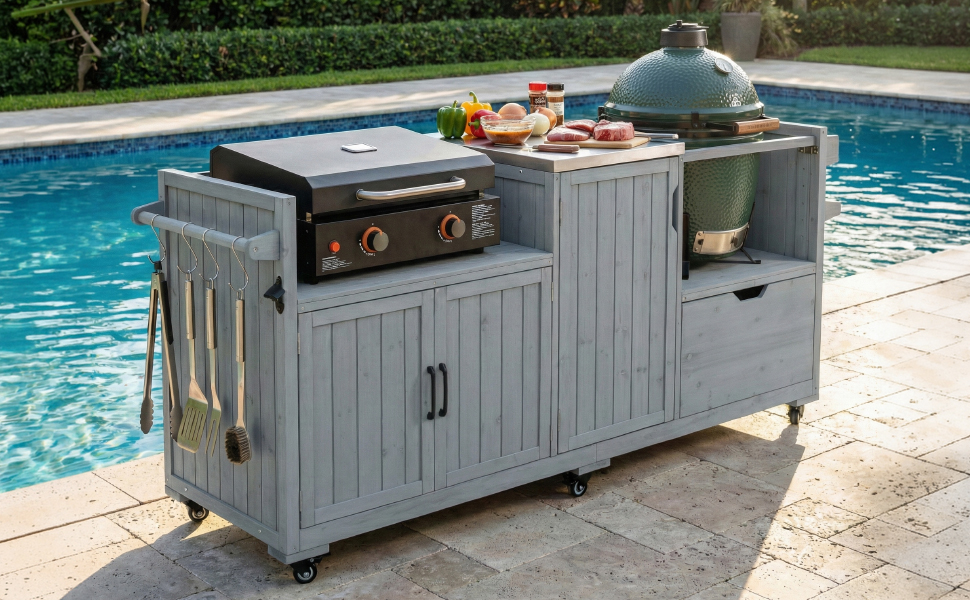 K&K 80.5" Outdoor Kitchen Island for Big Green Egg& Blackstone Griddle, Solid Wood Grill Cart Table with Stainless Steel Top, Drawer for Large Big Green Egg and 21"/28" Blackstone Griddle, Grey Blue - Image 2