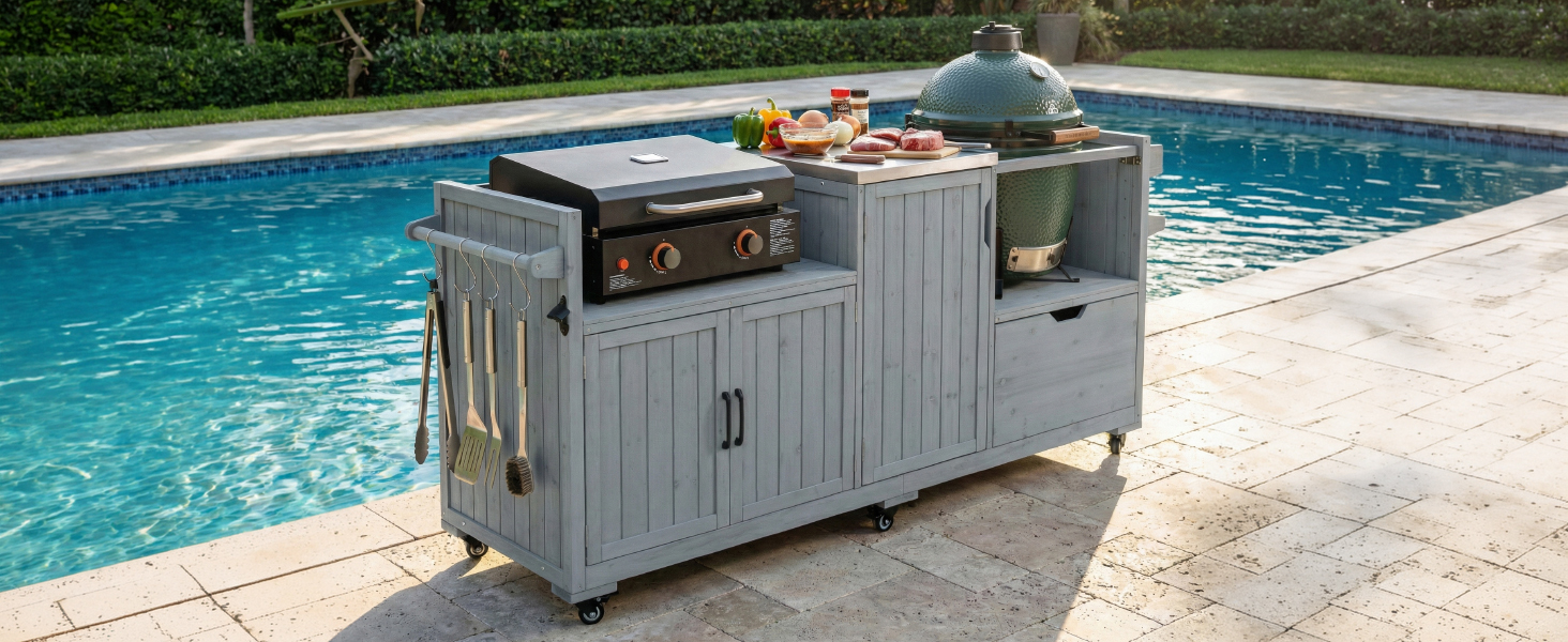 K&K 80.5" Outdoor Kitchen Island for Big Green Egg& Blackstone Griddle, Solid Wood Grill Cart Table with Stainless Steel Top, Drawer for Large Big Green Egg and 21"/28" Blackstone Griddle, Grey Blue - Image 3