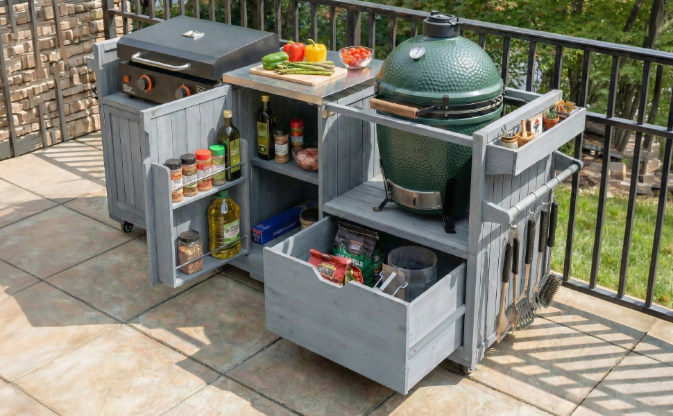 K&K 80.5" Outdoor Kitchen Island for Big Green Egg& Blackstone Griddle, Solid Wood Grill Cart Table with Stainless Steel Top, Drawer for Large Big Green Egg and 21"/28" Blackstone Griddle, Grey Blue - Image 4