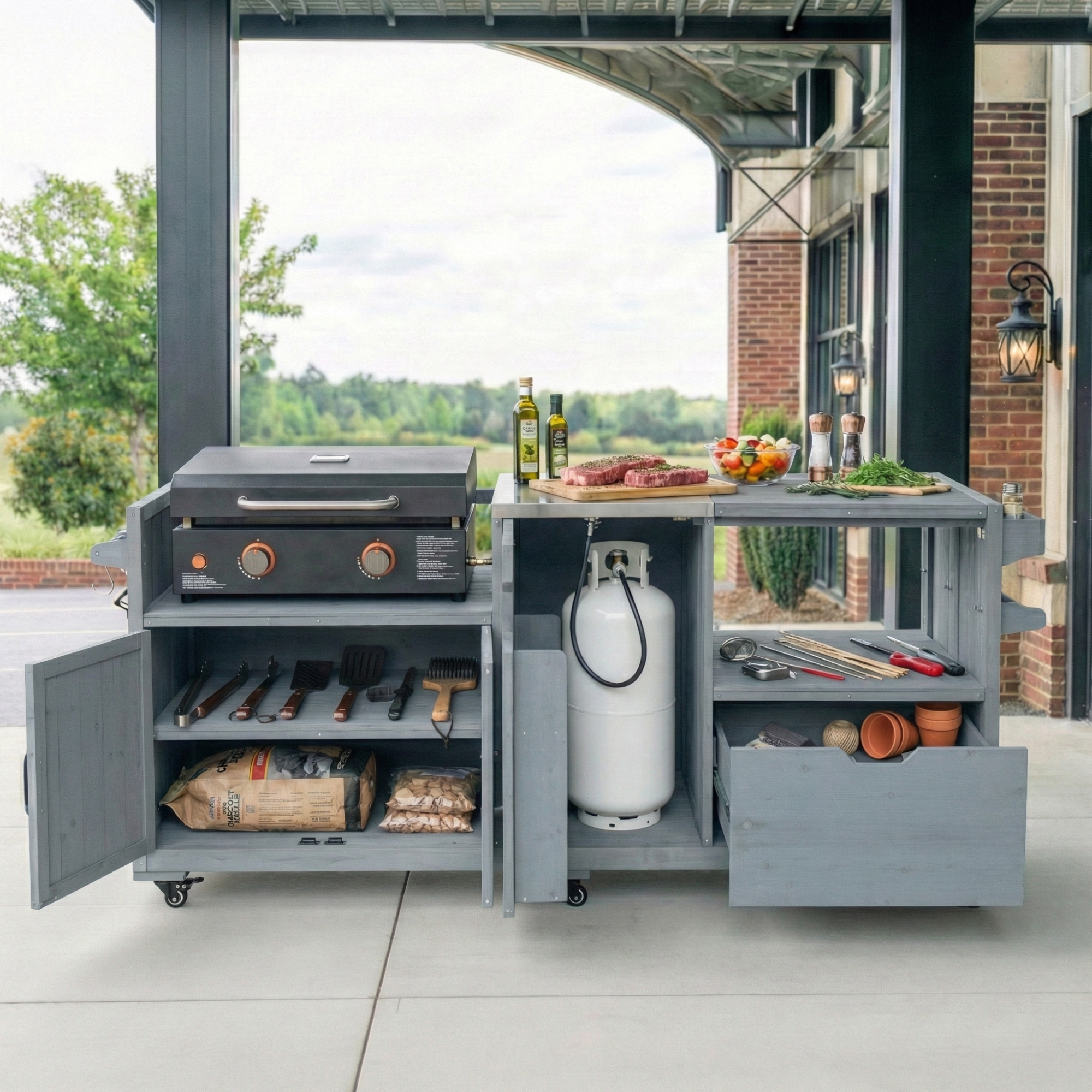 K&K 80.5" Outdoor Kitchen Island for Big Green Egg& Blackstone Griddle, Solid Wood Grill Cart Table with Stainless Steel Top, Drawer for Large Big Green Egg and 21"/28" Blackstone Griddle, Grey Blue - Image 5