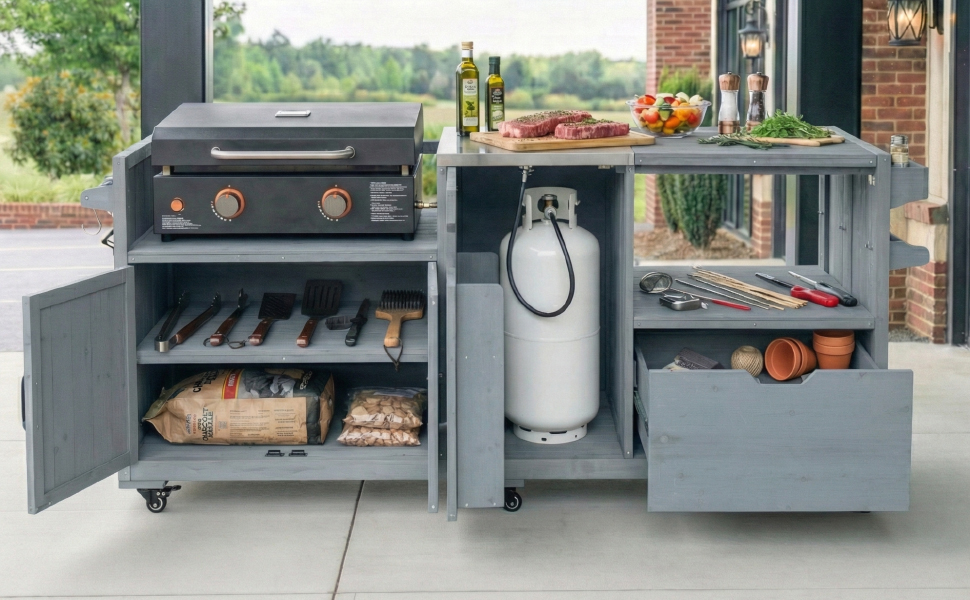 K&K 80.5" Outdoor Kitchen Island for Big Green Egg& Blackstone Griddle, Solid Wood Grill Cart Table with Stainless Steel Top, Drawer for Large Big Green Egg and 21"/28" Blackstone Griddle, Grey Blue - Image 6
