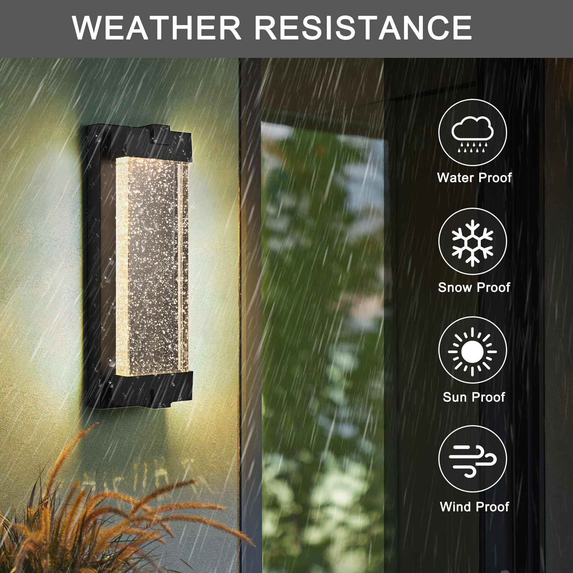 19"(H) Black Aluminum Finish Outdoor Wall Light with Bubble Crystal Glass, LED Light Source, 3000K Warm Light, Weatherproof Exterior Sconce for Patio, Porch, or Garage (1-pack) - Image 5