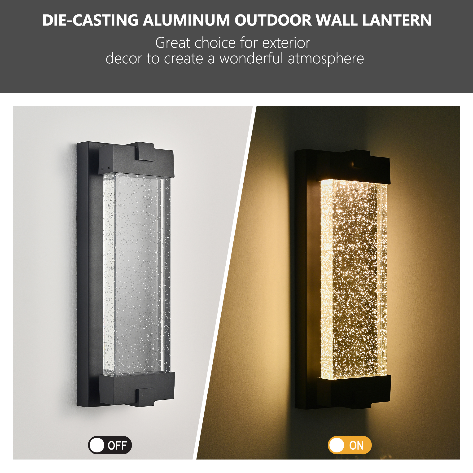 19"(H) Black Aluminum Finish Outdoor Wall Light with Bubble Crystal Glass, LED Light Source, 3000K Warm Light, Weatherproof Exterior Sconce for Patio, Porch, or Garage (1-pack) - Image 6