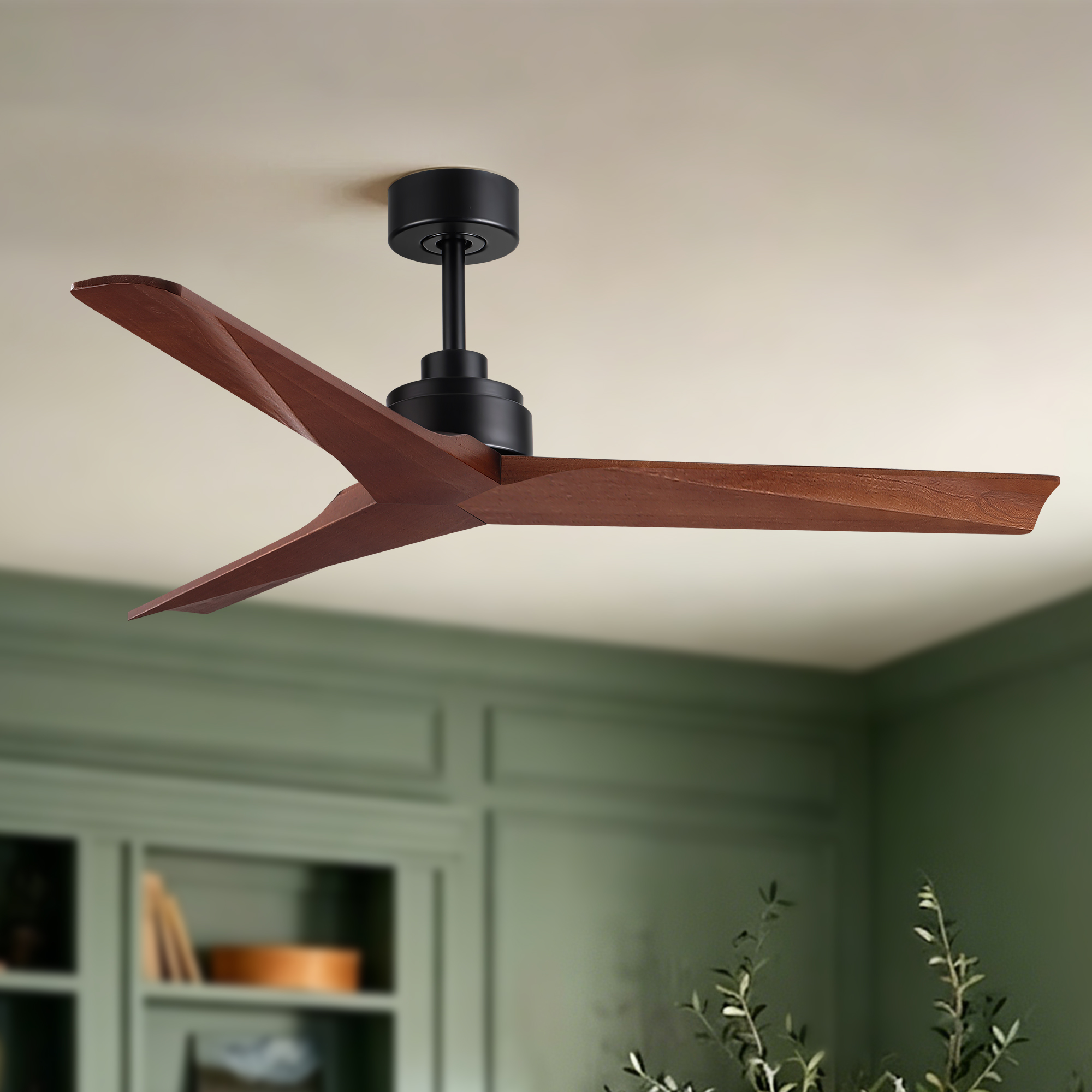 52″ Farmhouse Solid Wood Ceiling Fan without Light, Matte Black DC Motor, No Light, Quiet Reversible Ceiling Fan for Living Room Bedroom